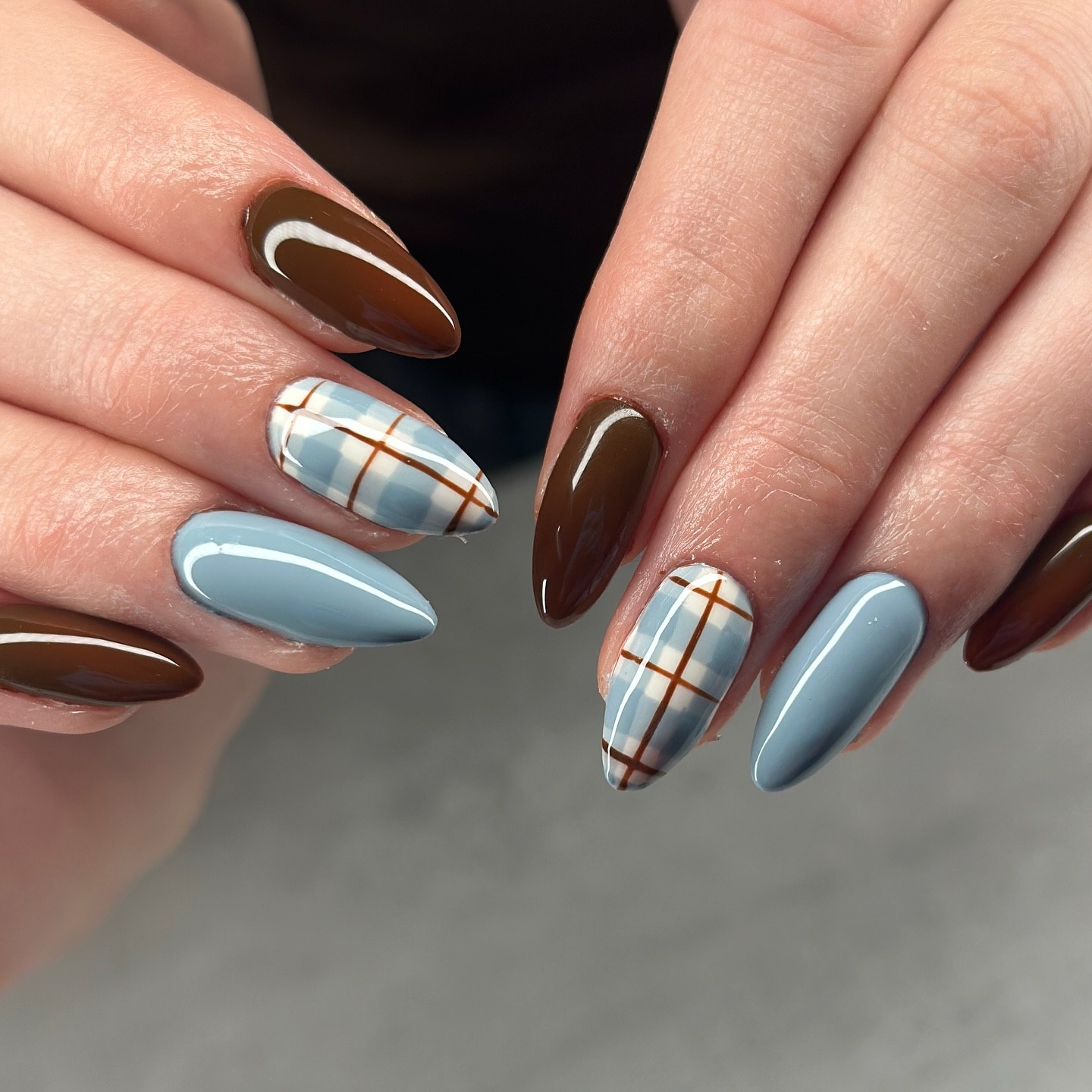 Chic Blue and Brown Plaid Almond Nails