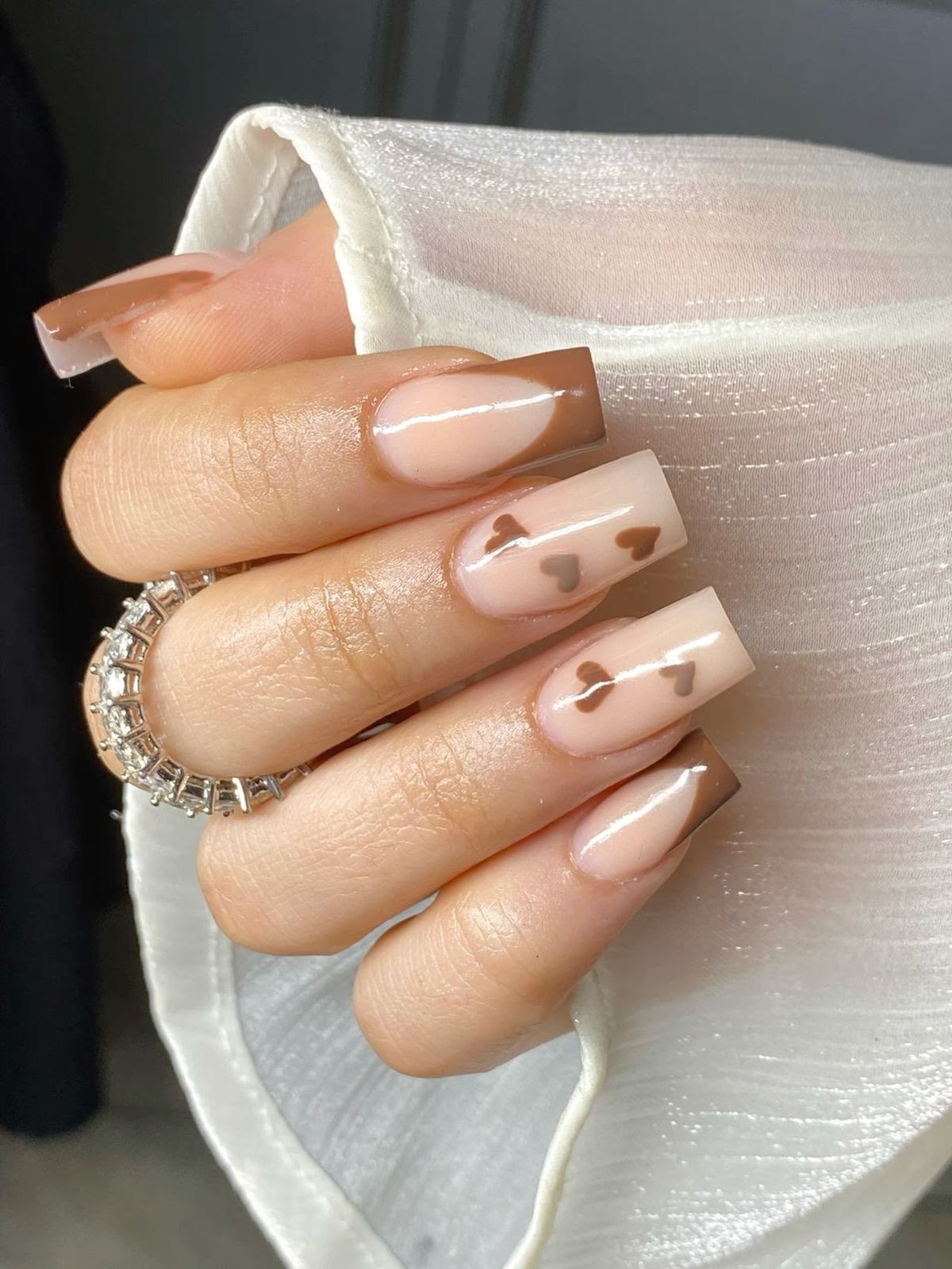 Chic Brown Heart French Tip Square Nails