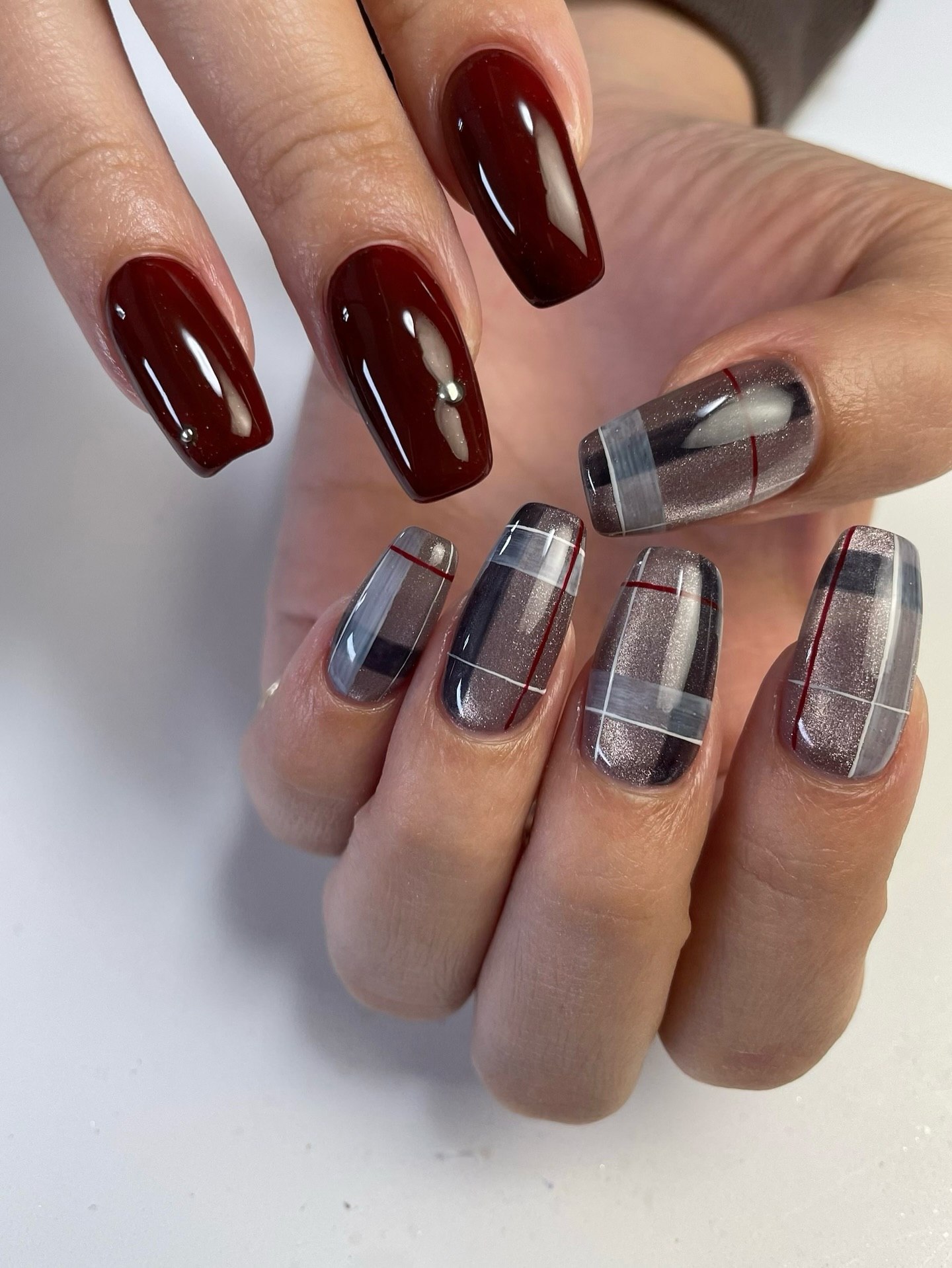 Chic Burgundy and Plaid Coffin Nails