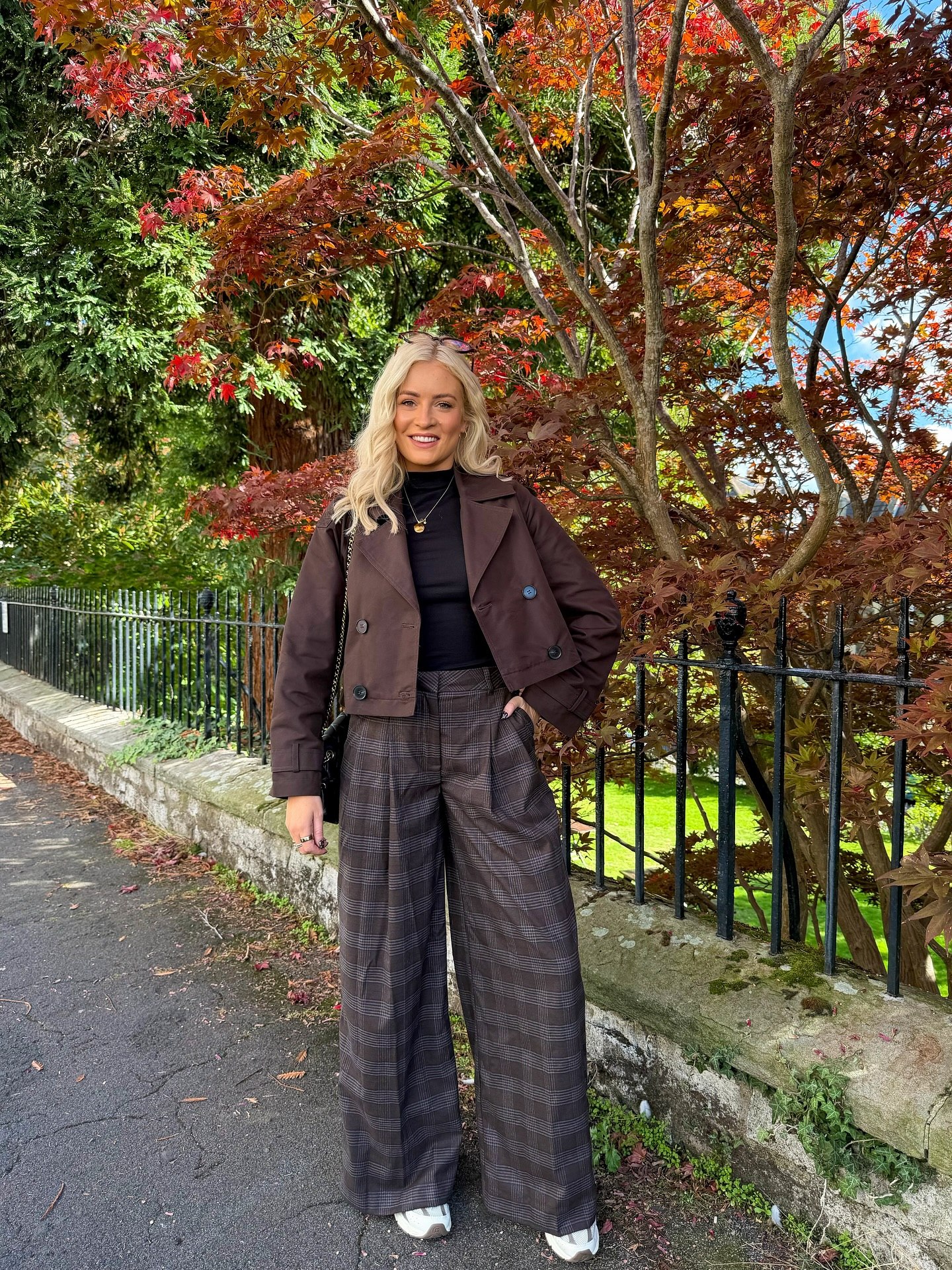 Chocolate Cropped Blazer & Plaid Wide Leg Pants