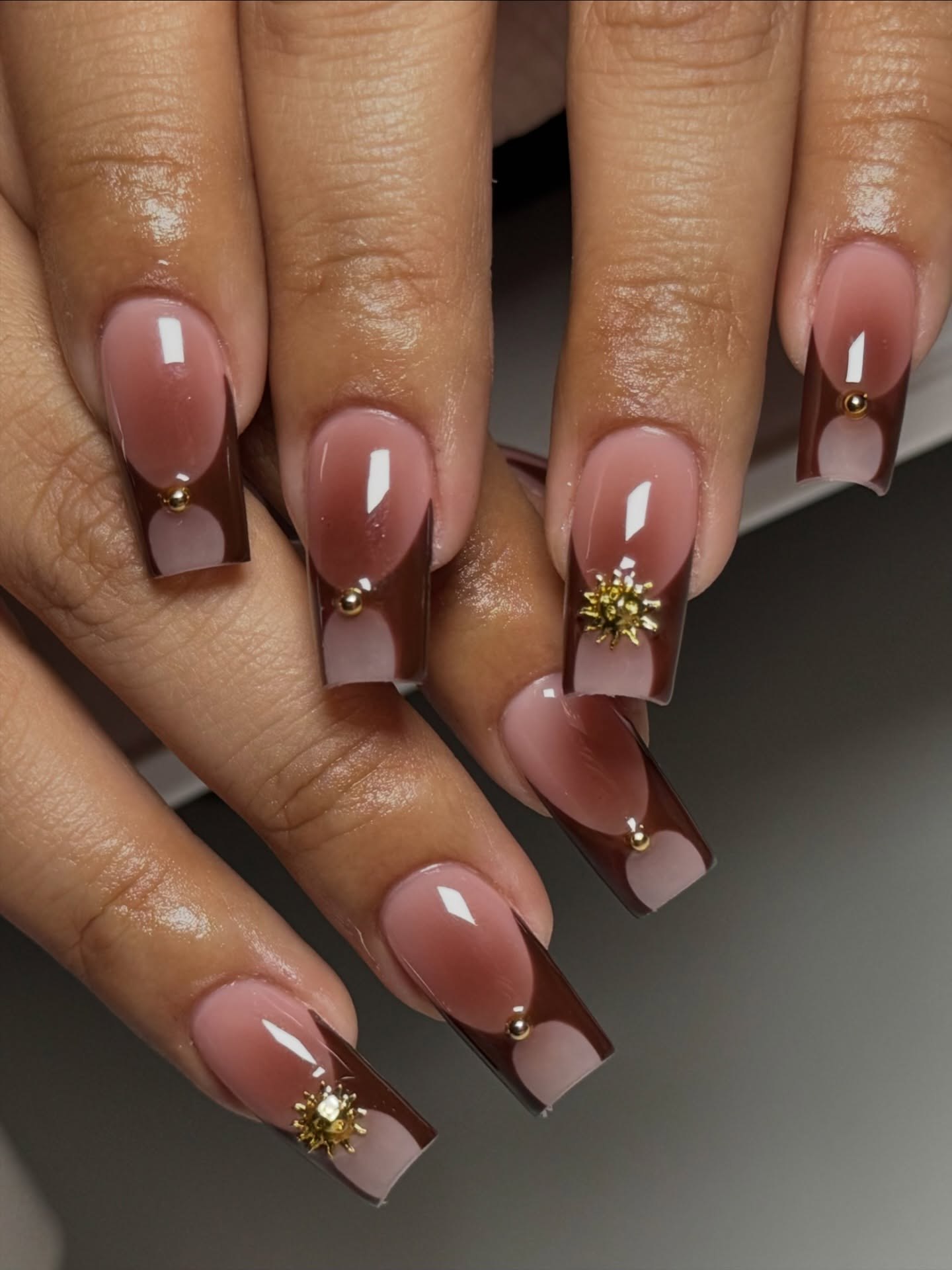 Chocolate Milk French Ombre with Gold Accents
