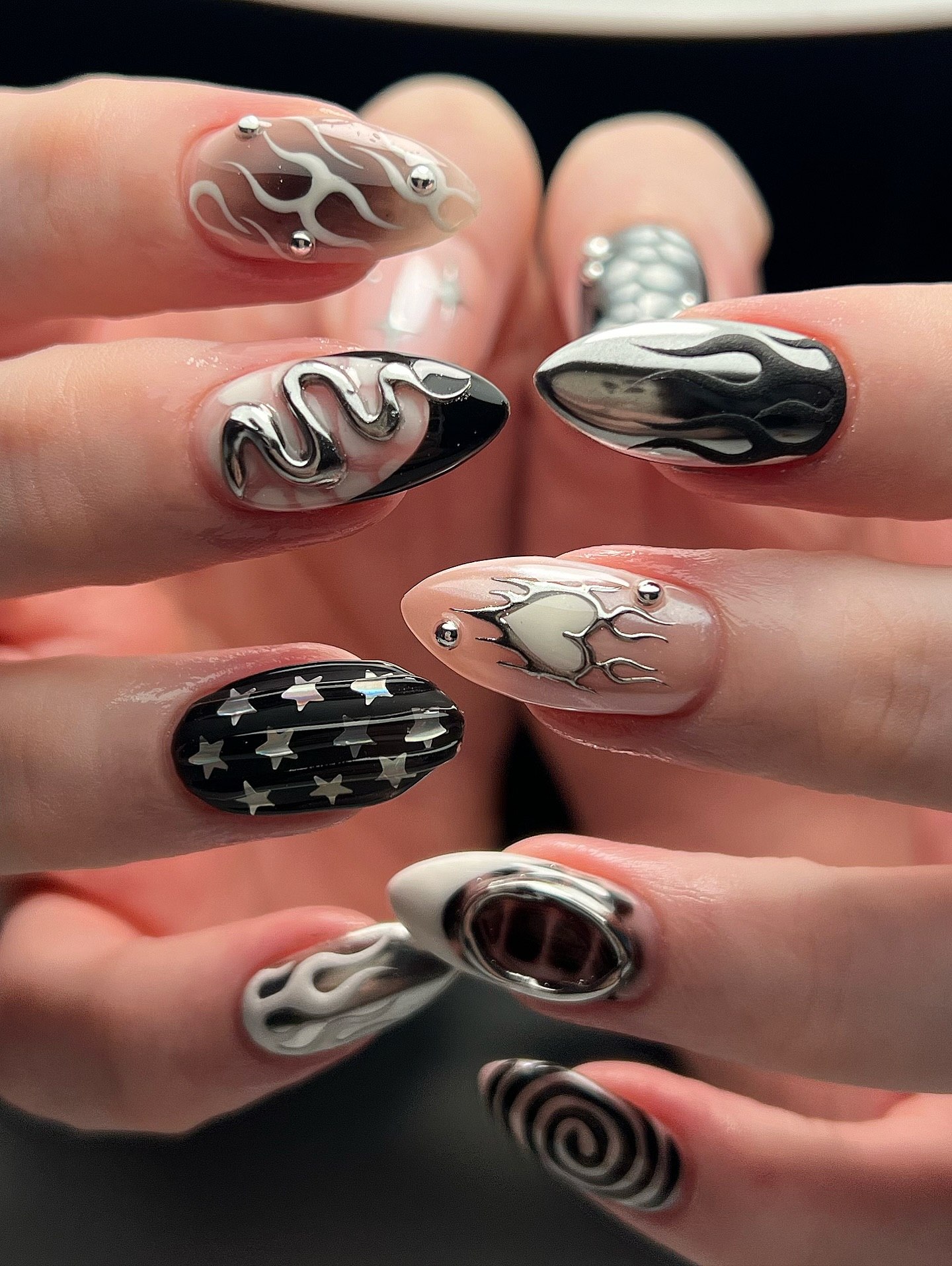 Chrome Flames And Stars Goth Oval Nails