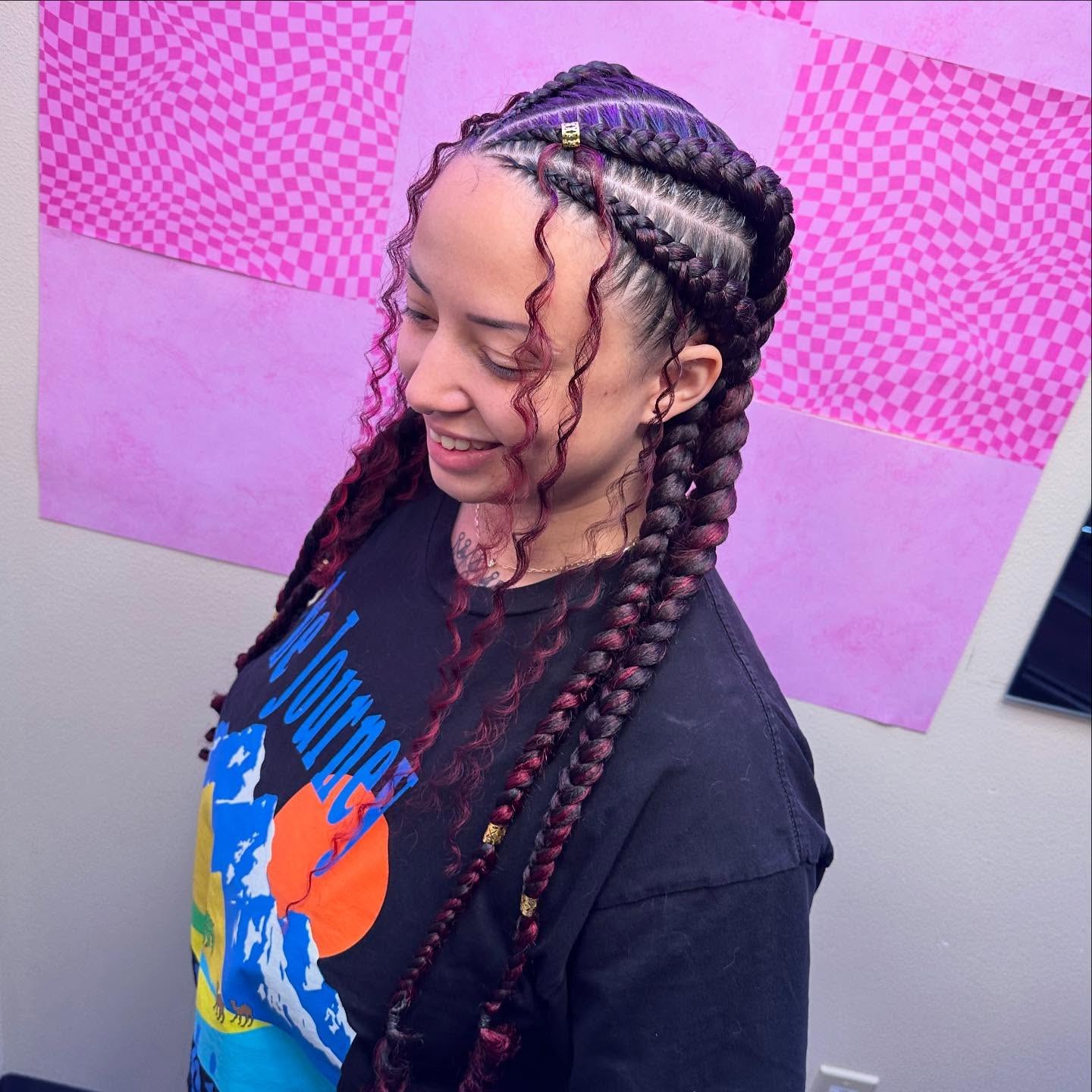 Chunky Feed-In Braids With Purple Highlights