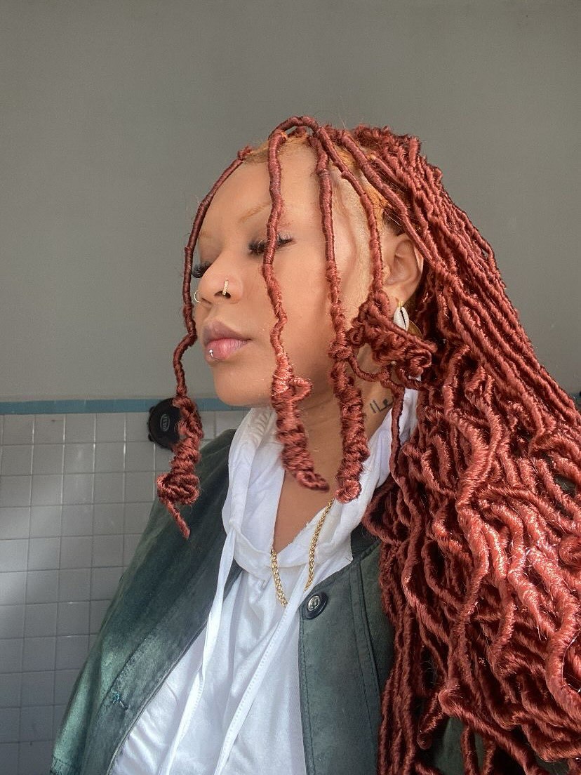 Copper Distressed Faux Locs With Curly Tendrils