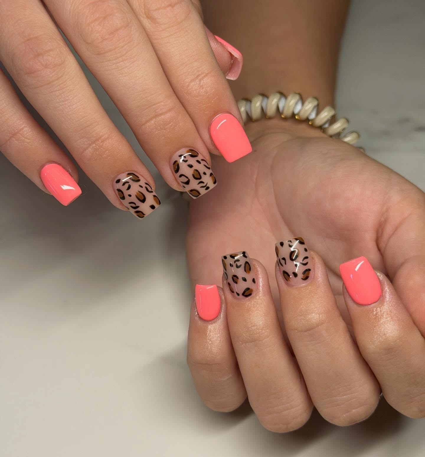Coral Leopard Print Square Nails