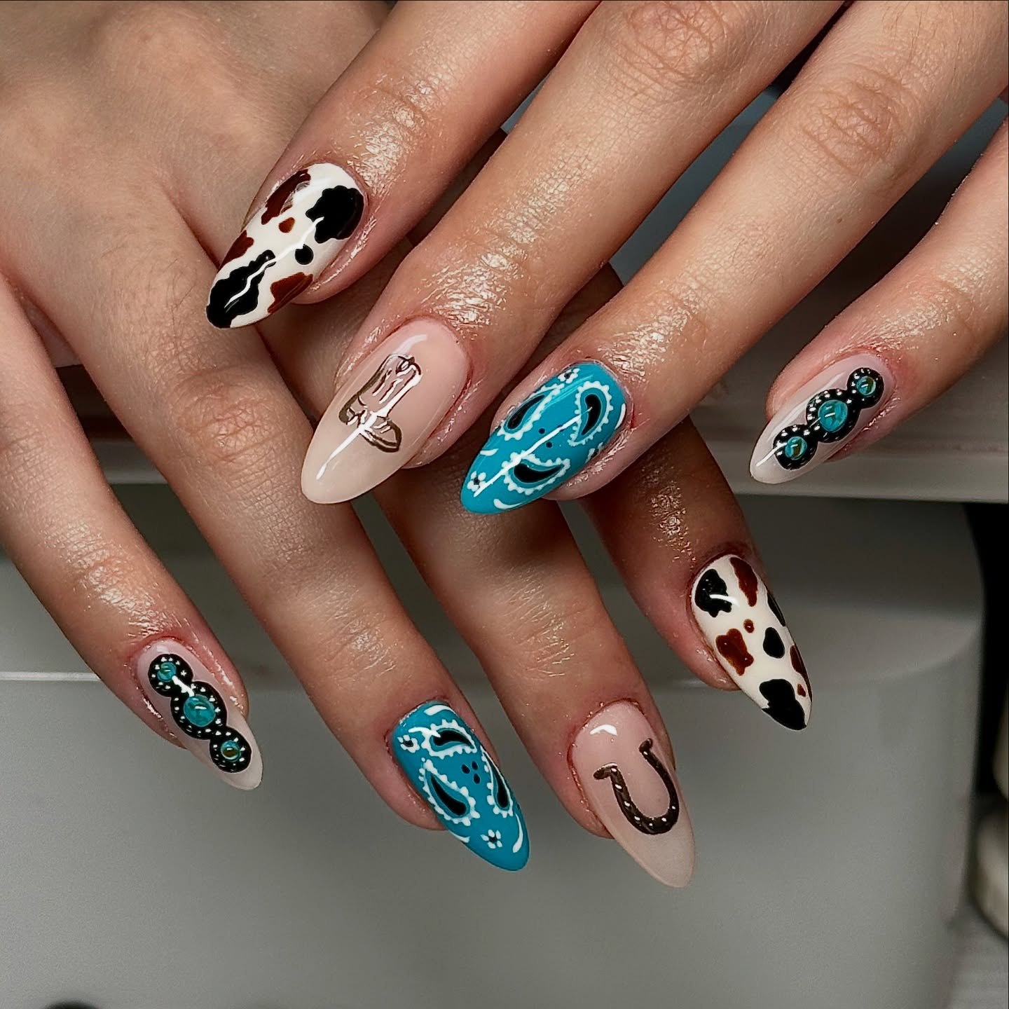 Cow Print & Bandana Western Almond Nails