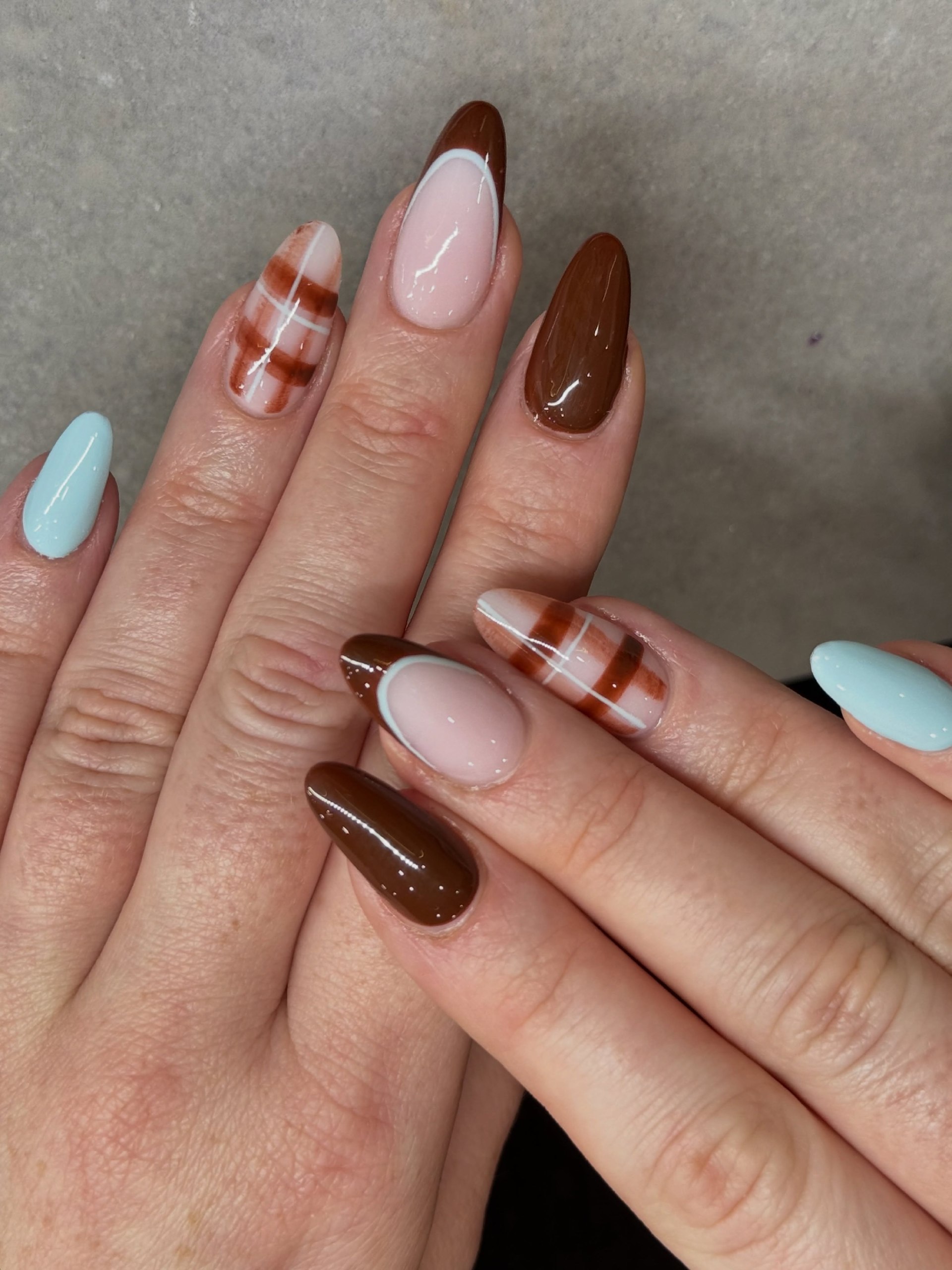 Cozy Plaid French Almond Nails