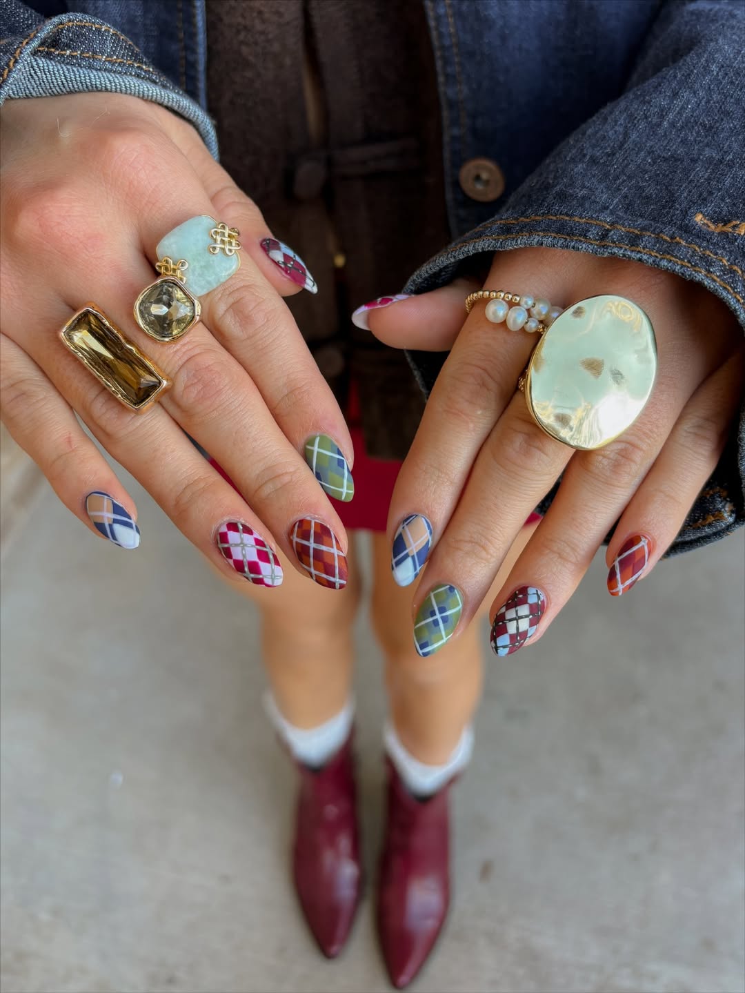 Cozy Plaid Print Fall Almond Nails