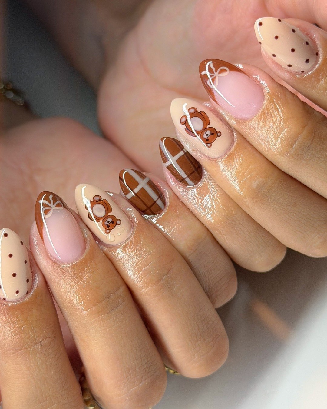 Cozy Teddy Bear & Plaid Almond French Nails
