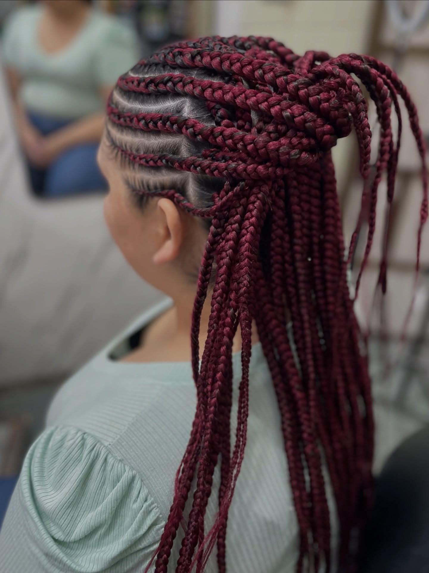 Crimson Red Box Braids With Slicked Scalp