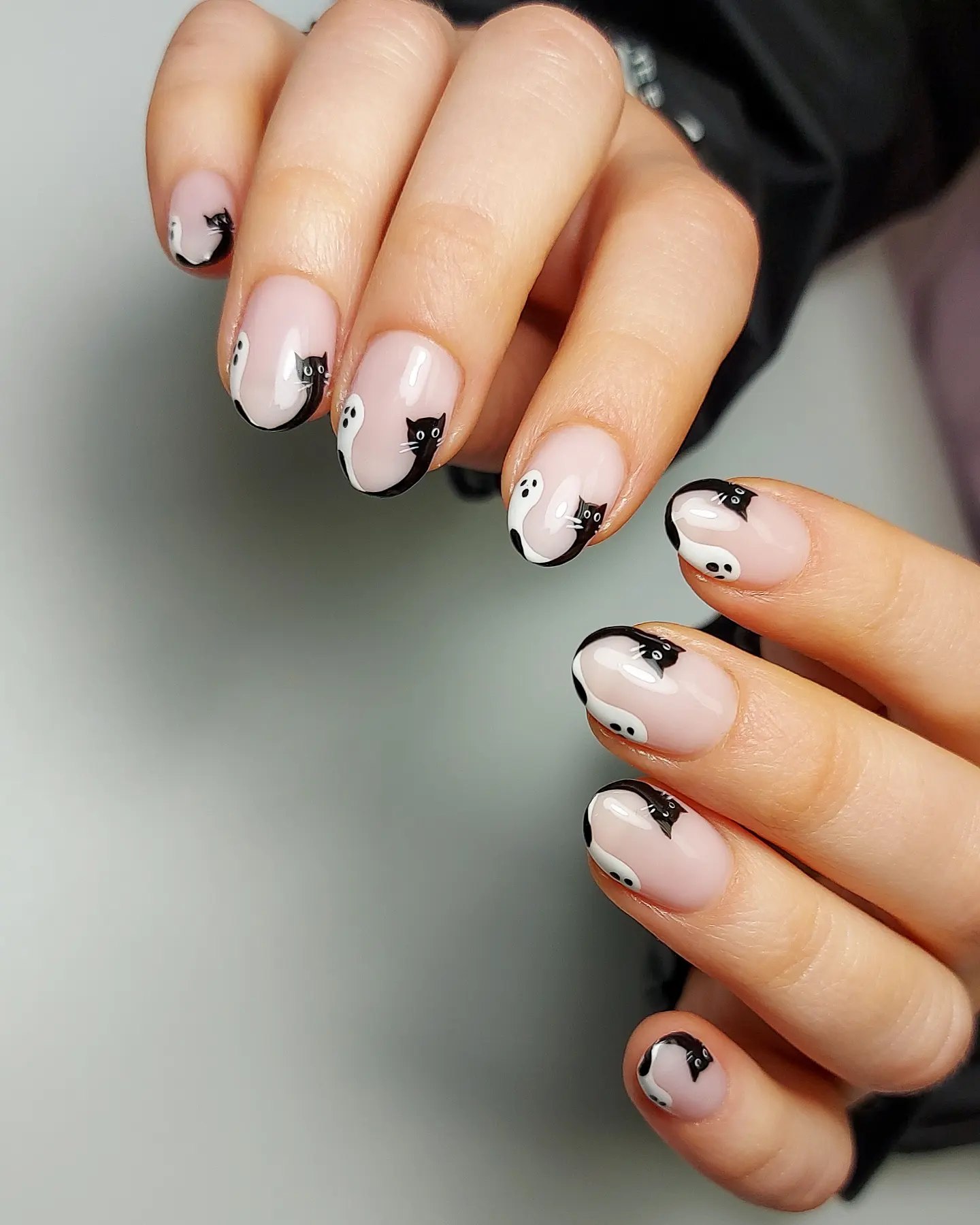 Cute Black Cat and Ghost Halloween French Tips