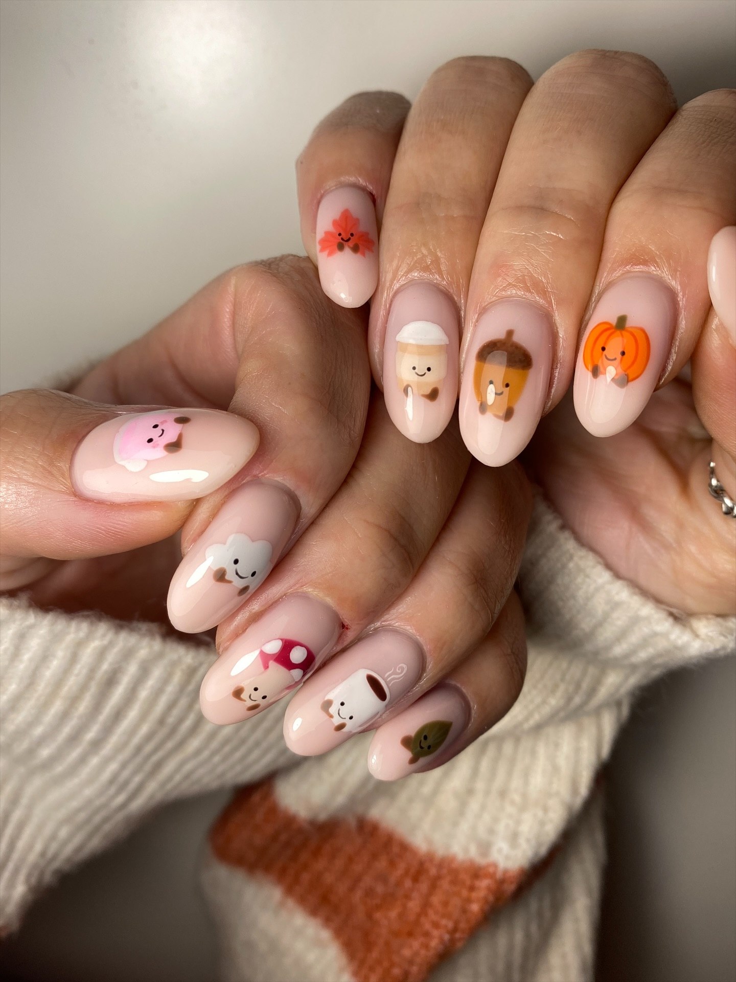 Cute Fall Kawaii Characters Oval Nails