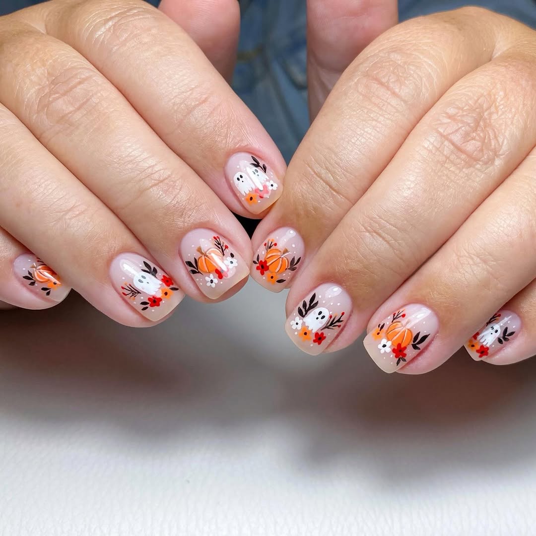 Cute Ghost and Pumpkin Fall Floral Short Nails
