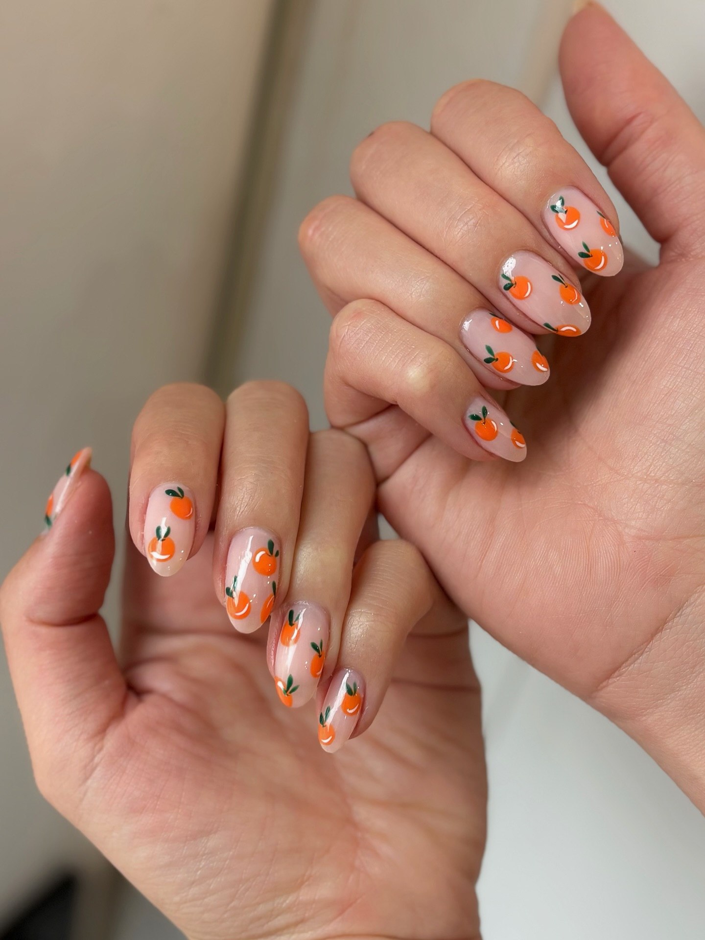 Cute Orange Fruit Pattern Sheer Almond Nails