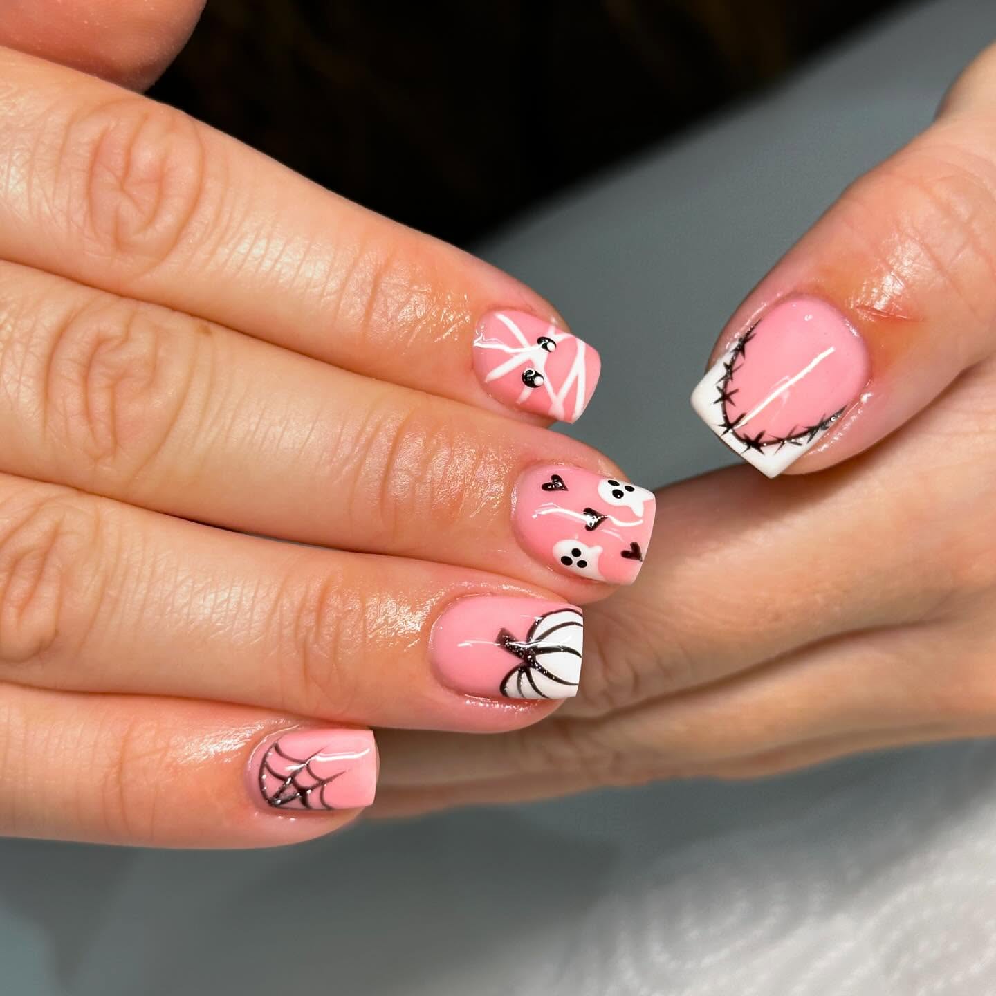 Cute Pink Halloween Ghost & Pumpkin French Tips