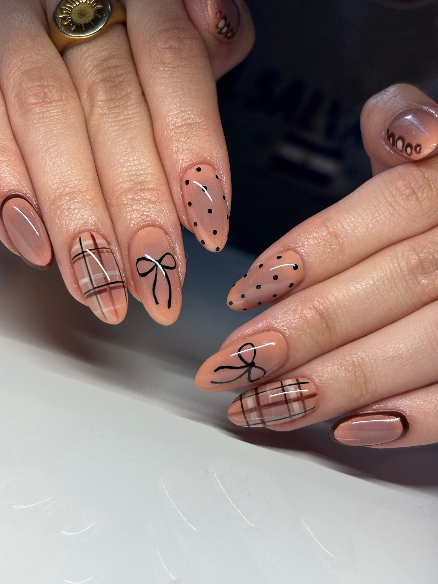 Cute Plaid Bows and Polka Dot Almond Nails