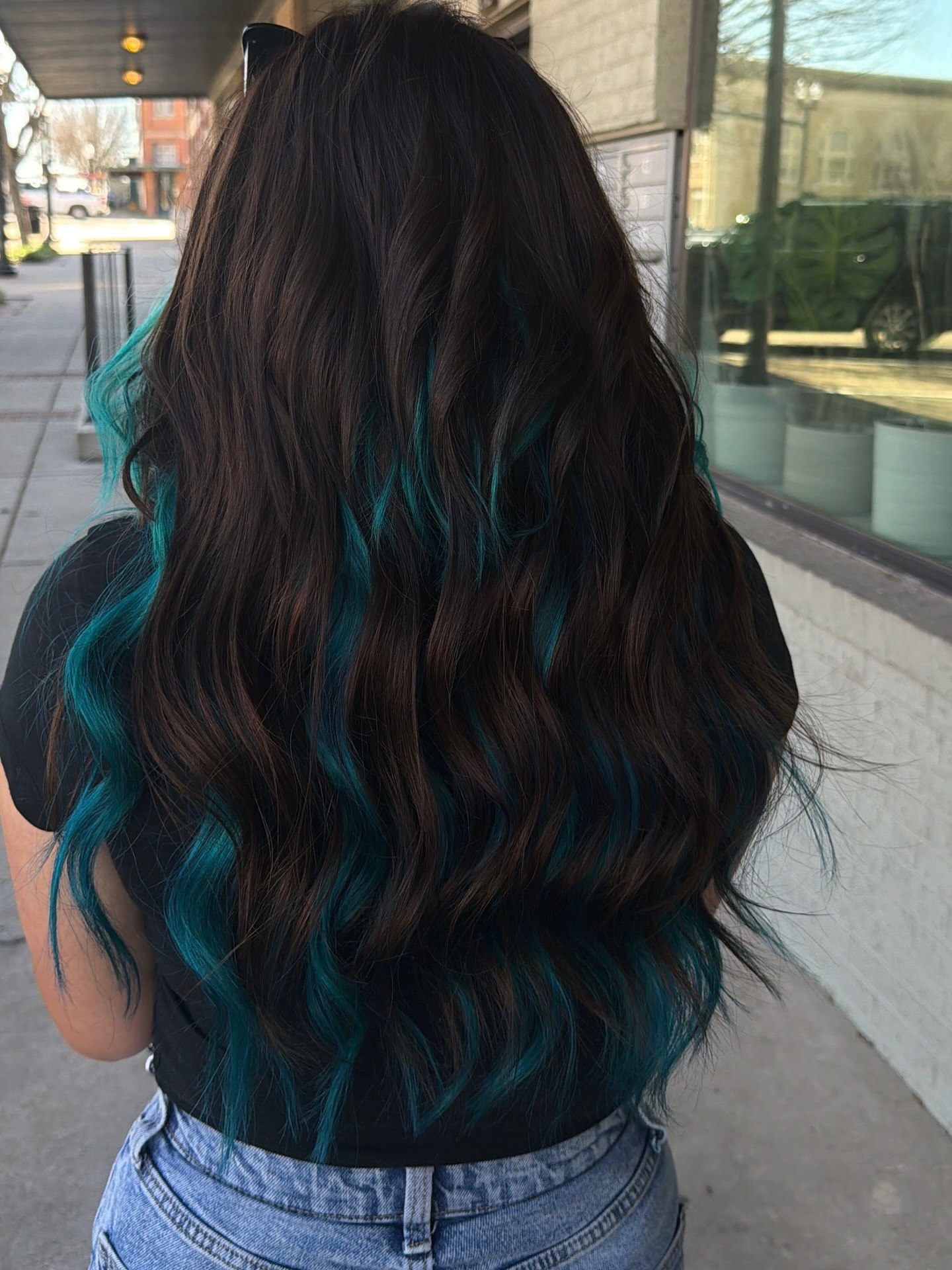 Deep Brunette With Teal Peekaboo Highlights