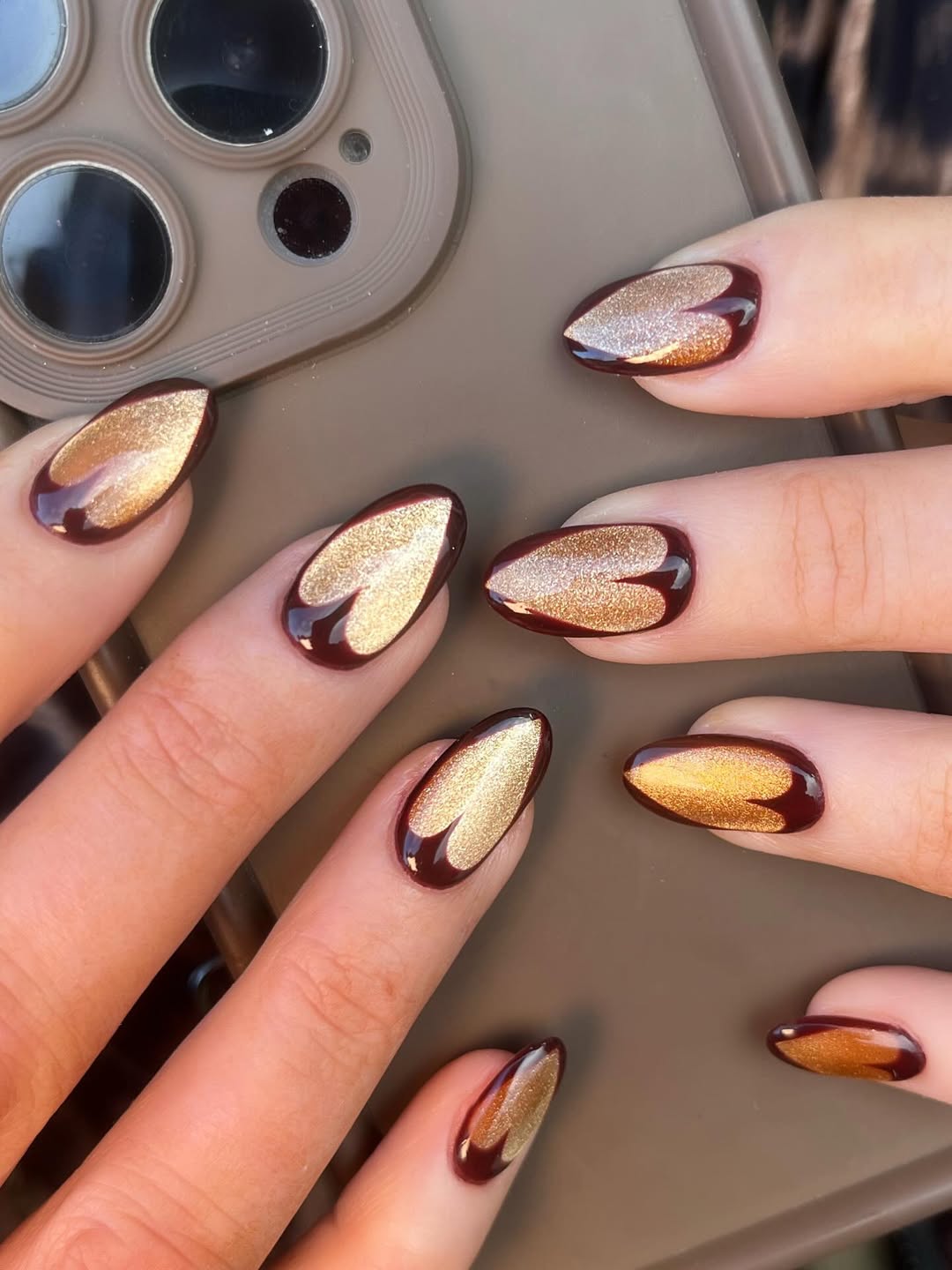 Deep Burgundy Cat Eye Heart French Tips