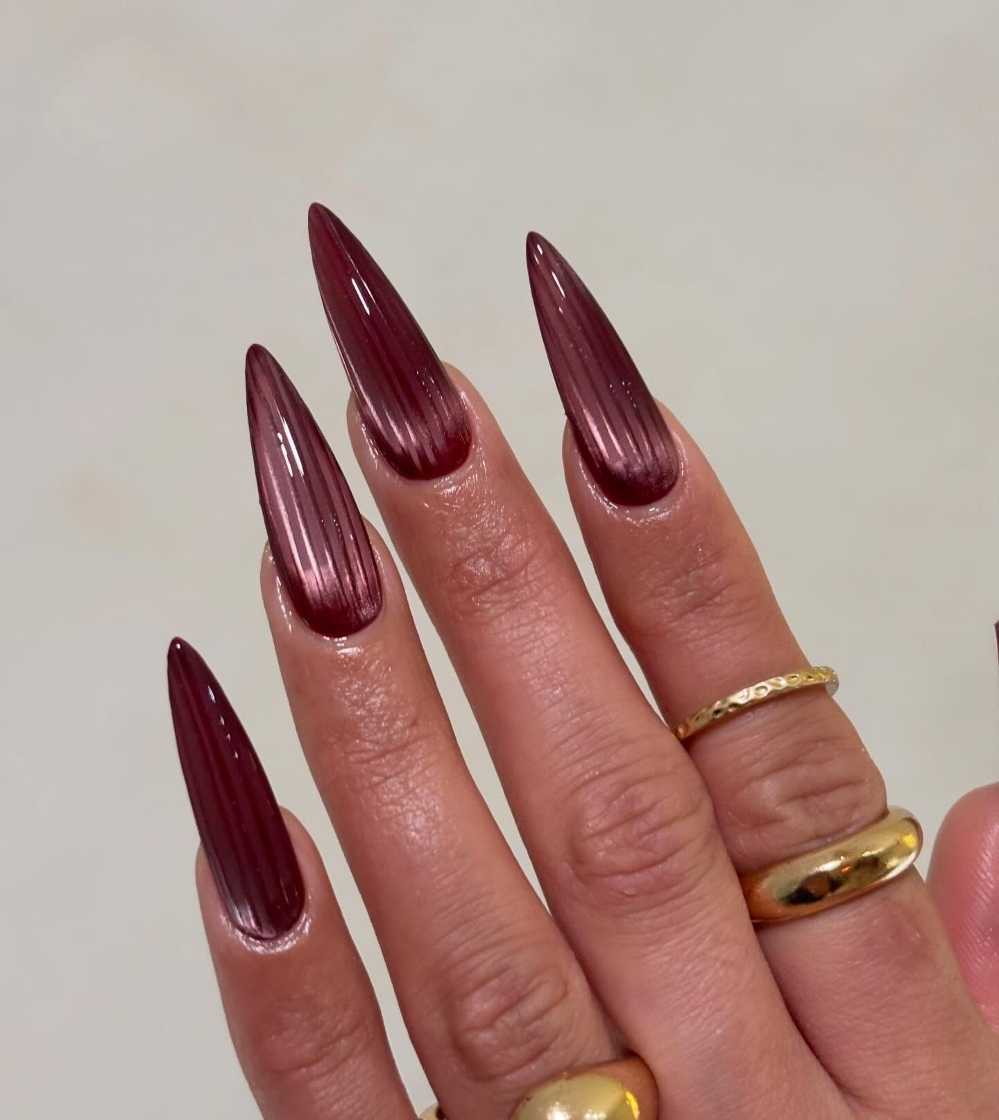 Deep Burgundy Chrome Stiletto Nails