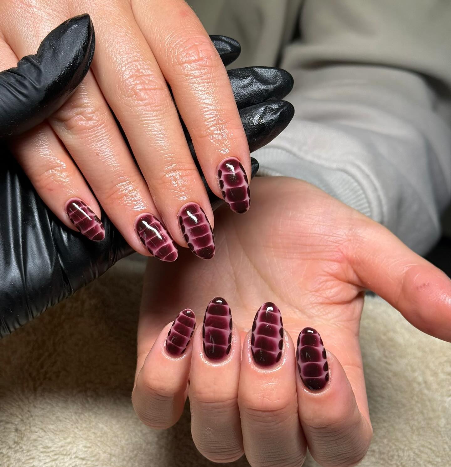 Deep Burgundy Crocodile Embossed Oval Nails