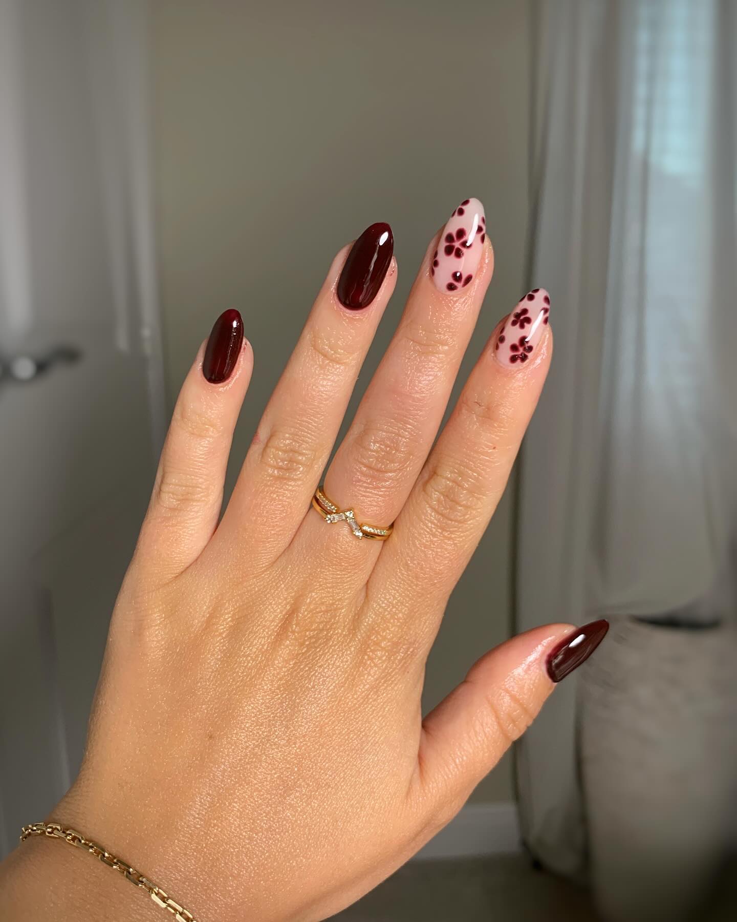 Deep Burgundy Floral Almond Nails