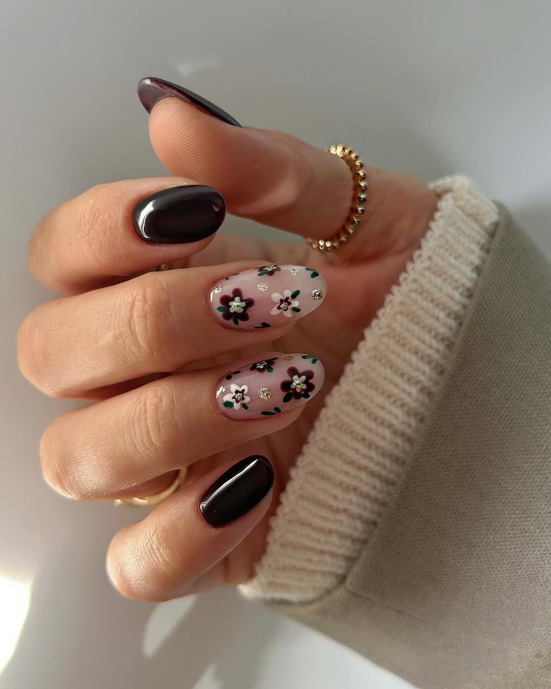 Deep Burgundy Floral Oval Nails