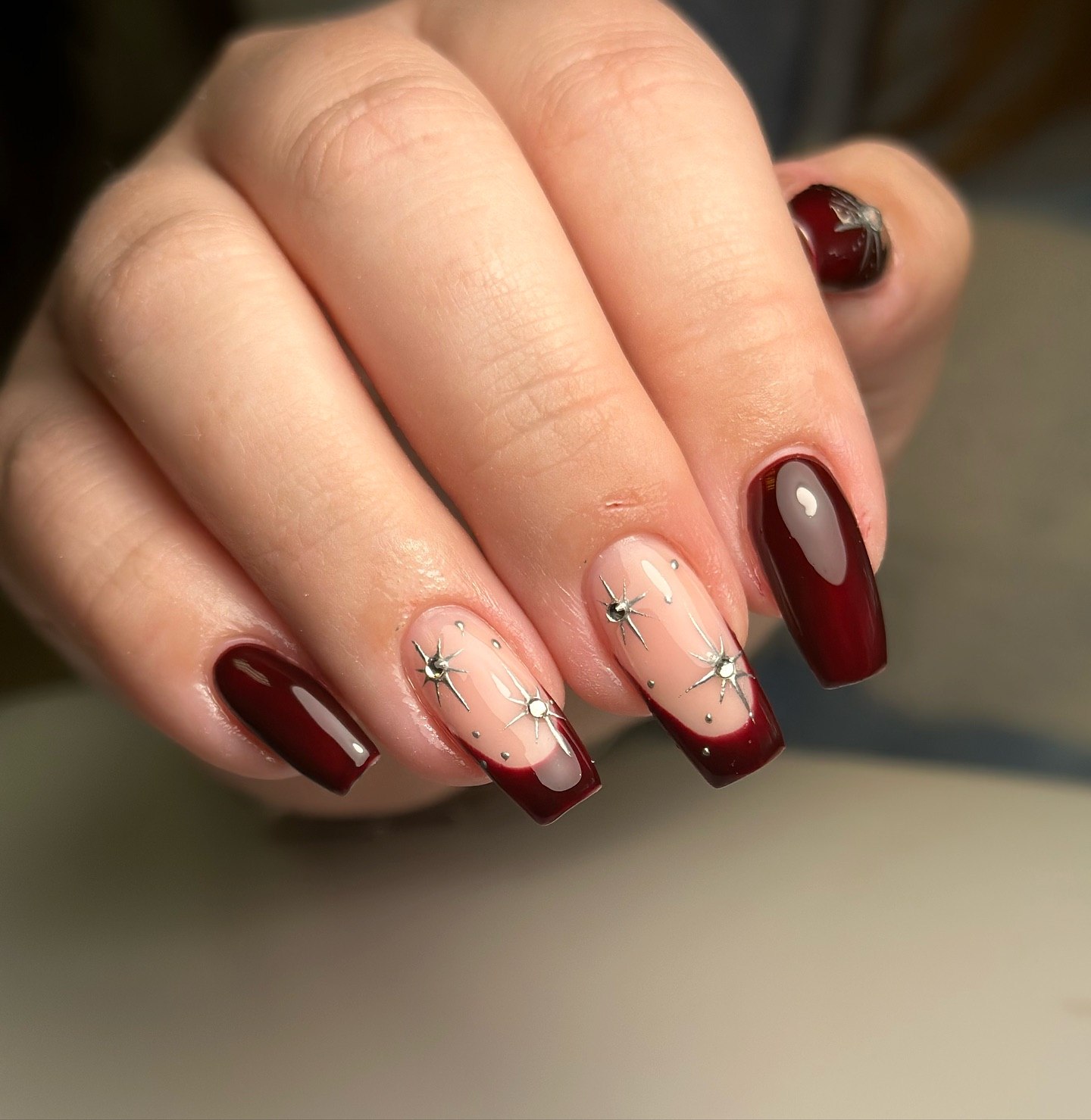 Deep Burgundy French Tip Coffin Nails