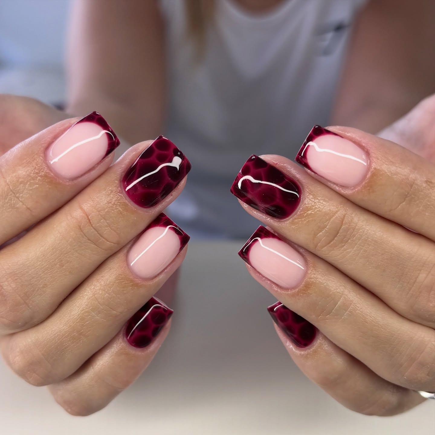 Deep Burgundy French Tip Leopard Accent Nails