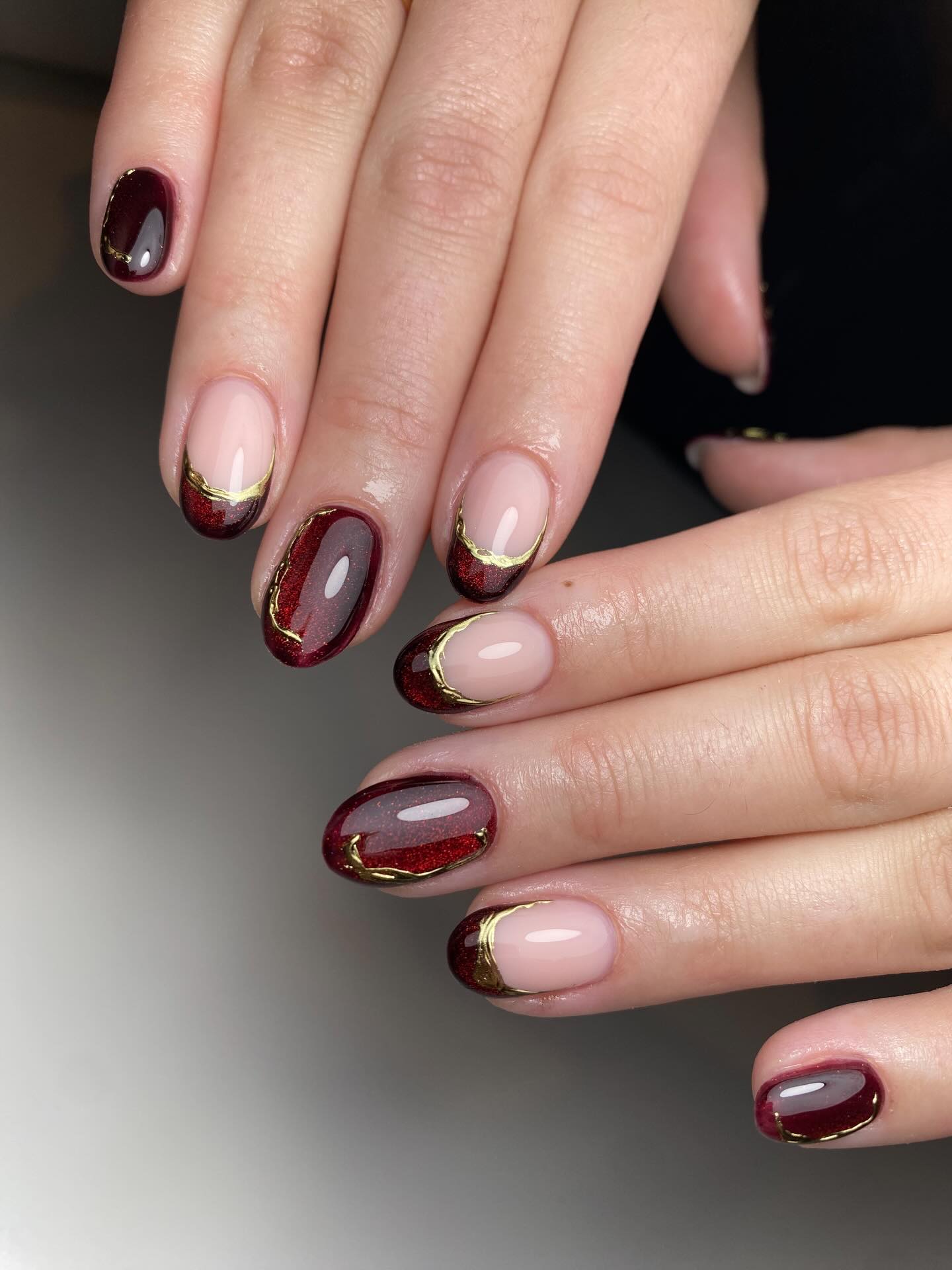 Deep Burgundy Glitter French with Gold Accent