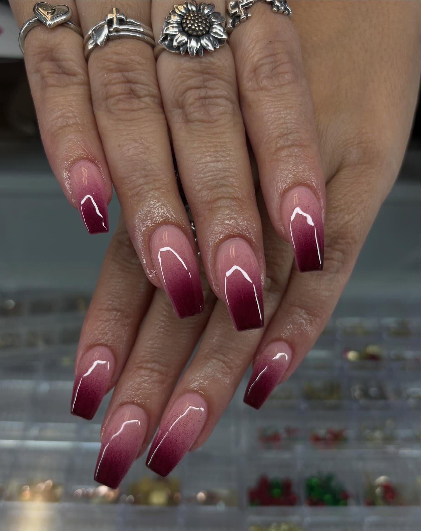 Deep Burgundy Pink Ombre Coffin Nails