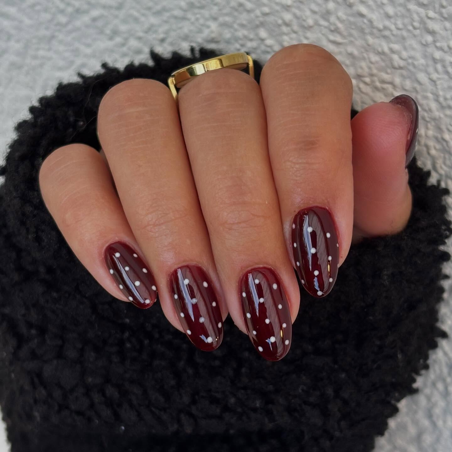 Deep Burgundy Polka Dot Oval Nails