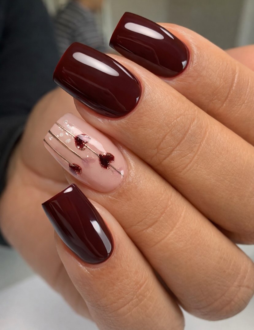 Deep Burgundy & Rose Gold Heart Accent Nails