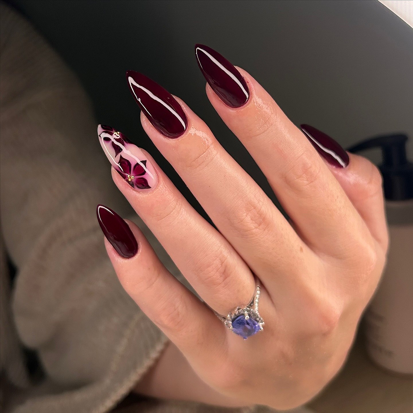 Deep Burgundy Stiletto Nails with Floral Art