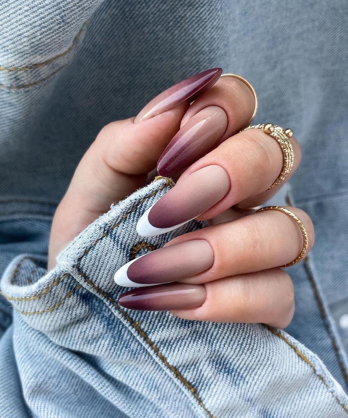 Deep Burgundy To Nude Ombre French Tip Nails