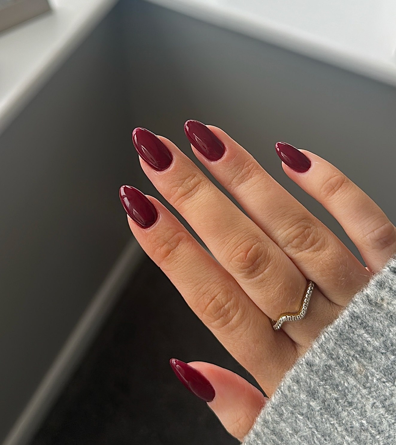 Deep Cherry Red Glossy Almond Nails
