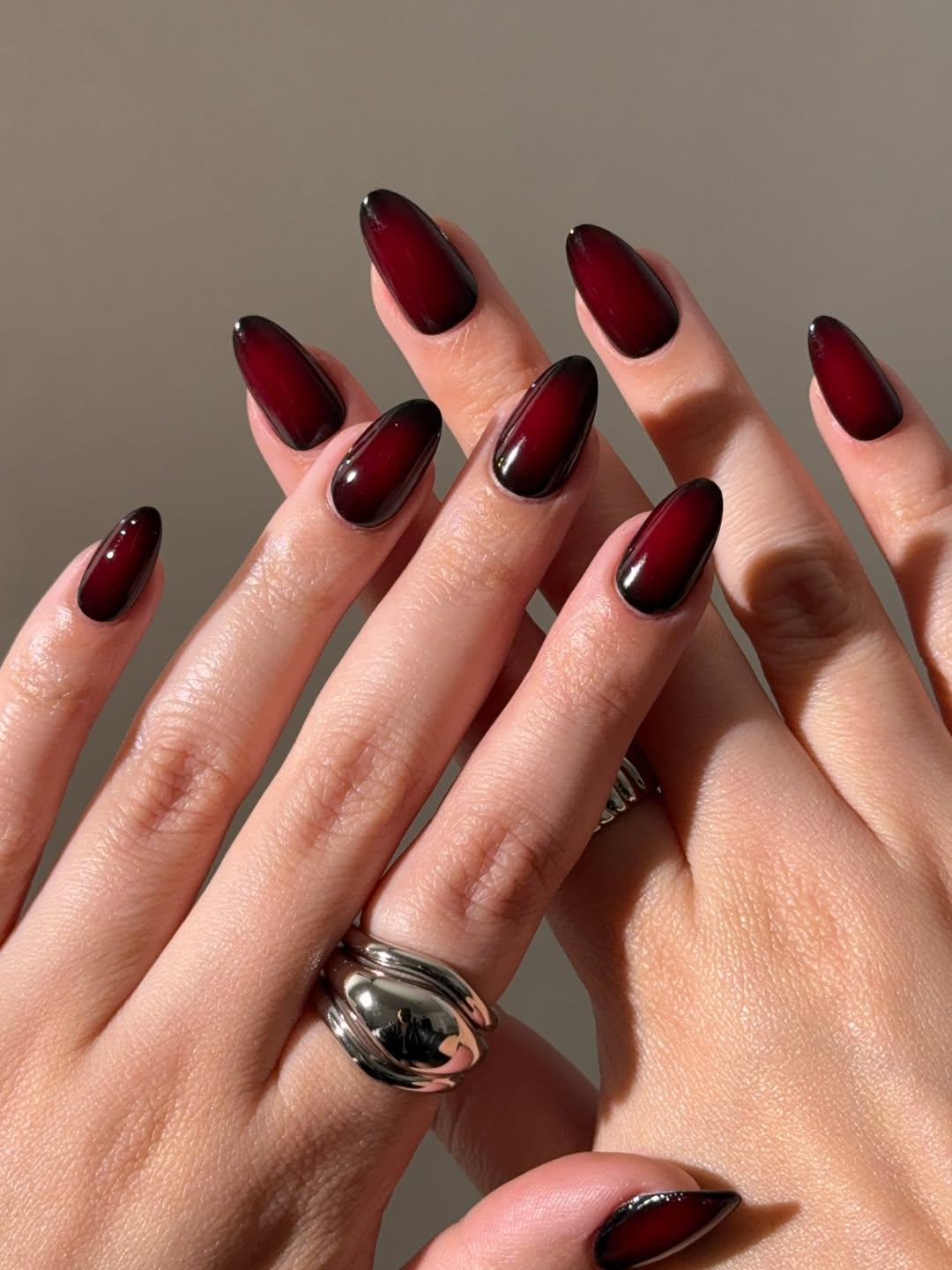 Deep Cherry Red Ombre Almond Nails