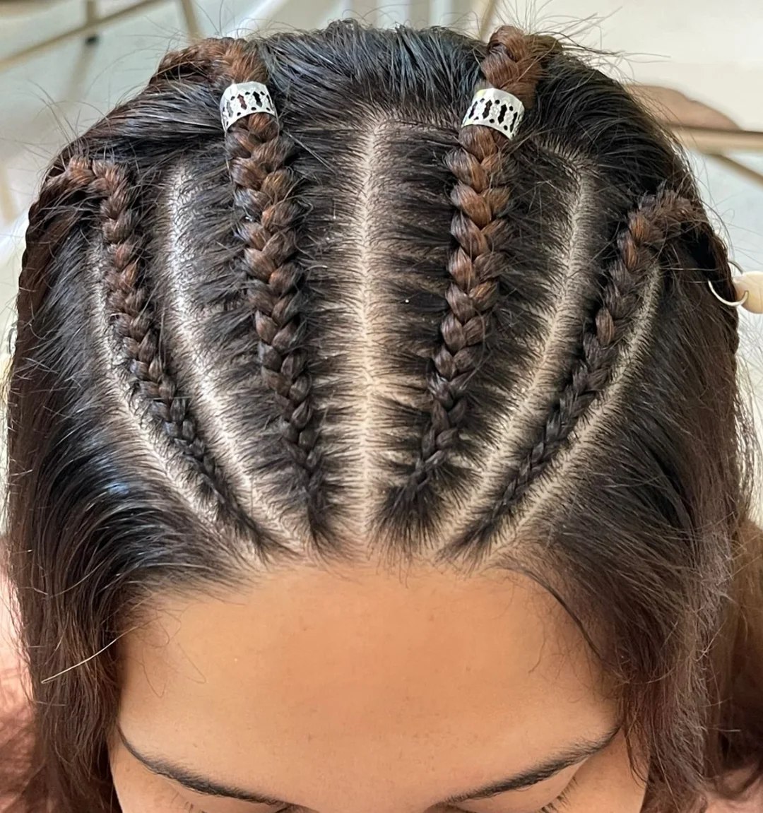 Deep Part Cornrows With Metallic Beads
