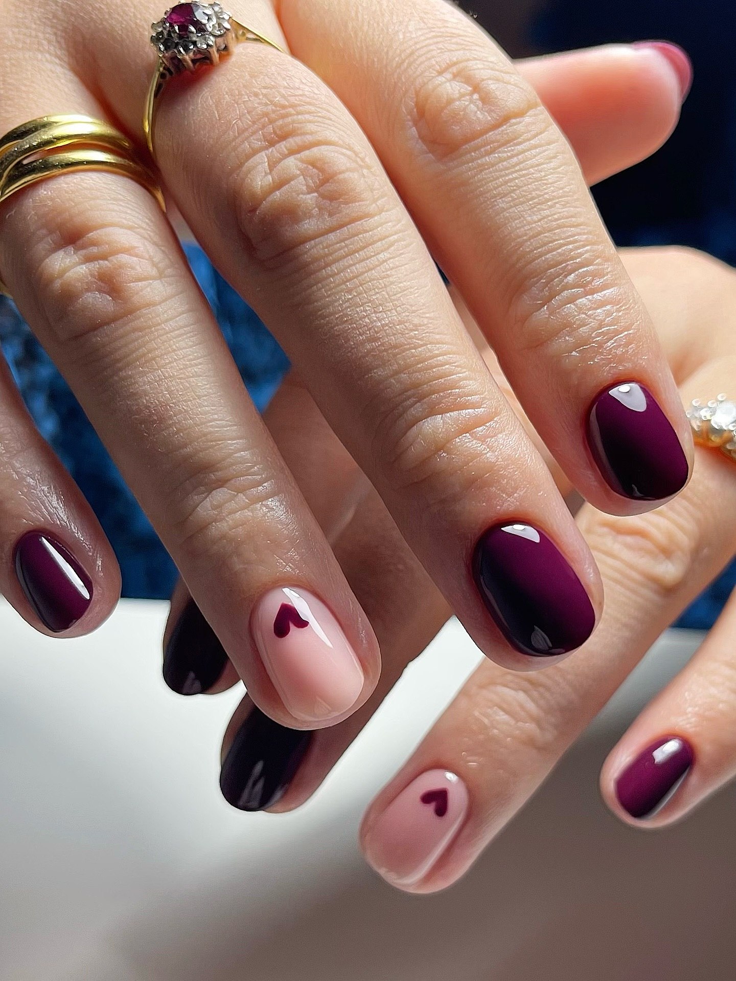 Deep Plum and Soft Pink Heart Accent Nails