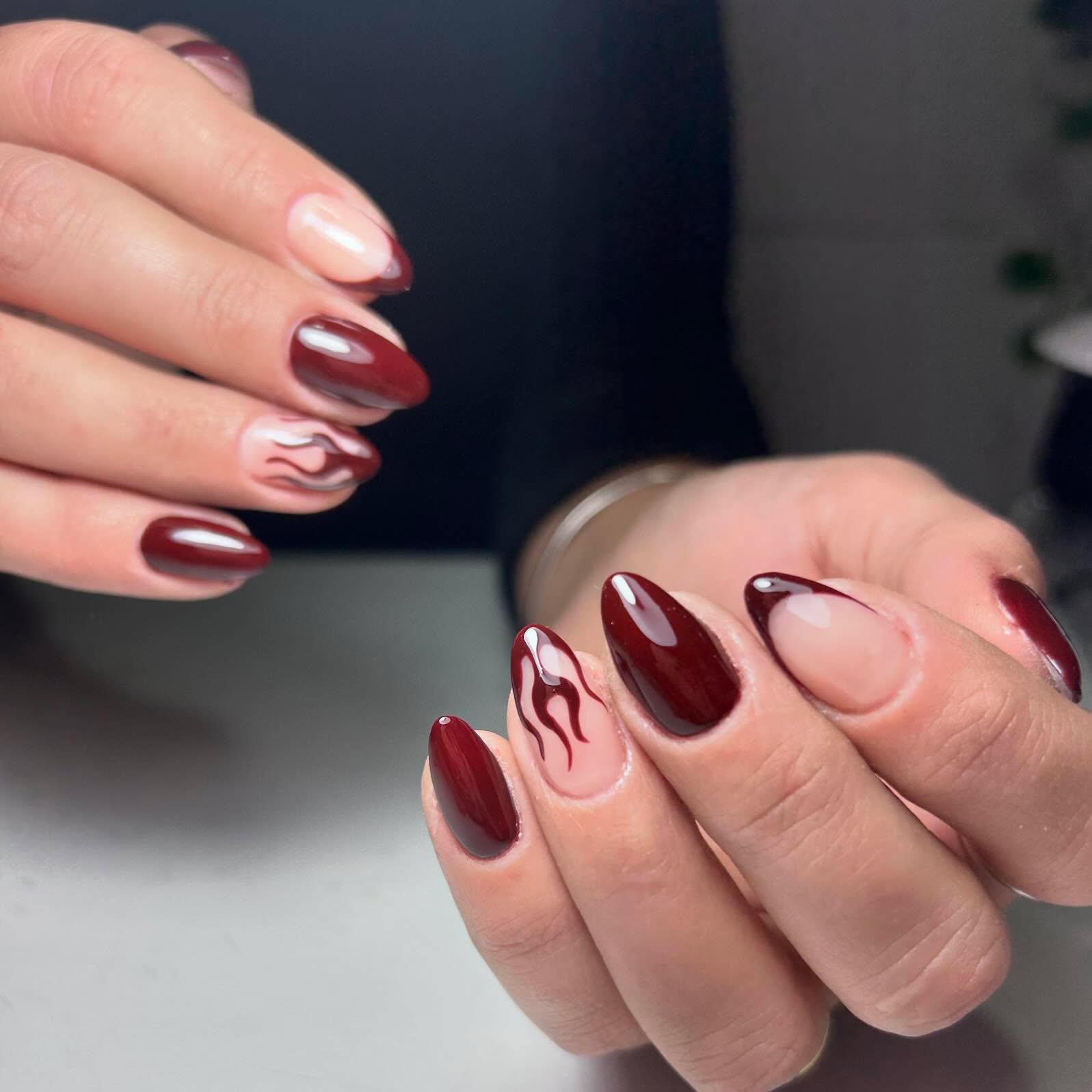 Deep Wine Red Flame French Almond Nails