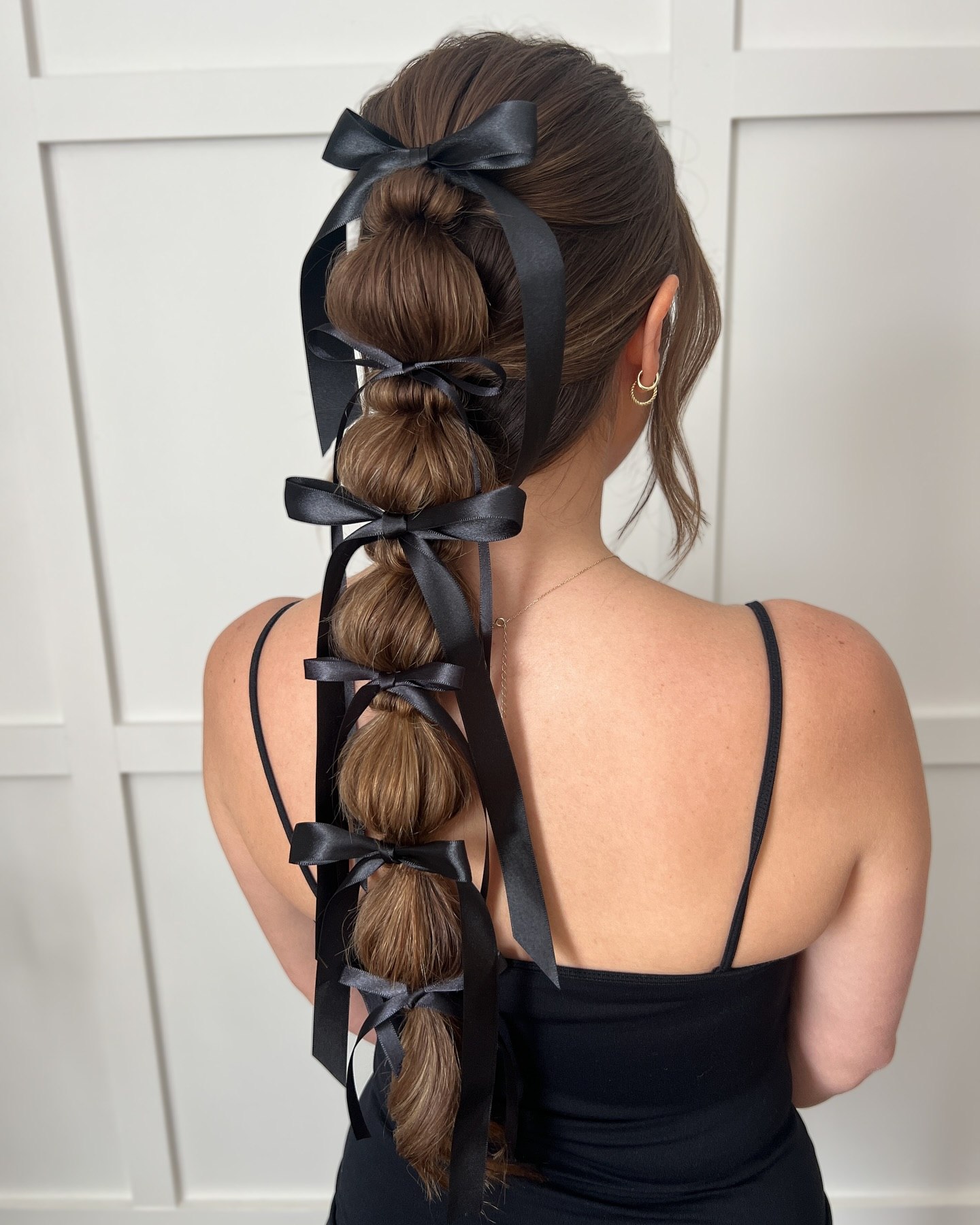 Elegant Black Ribbon Bubble Braid Ponytail