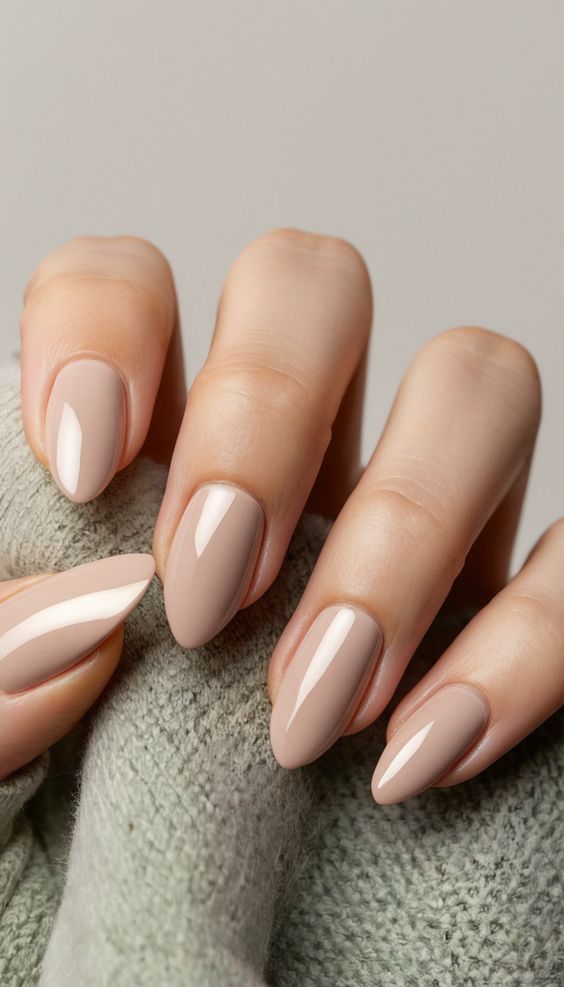 Elegant Taupe Almond Glossy Manicure