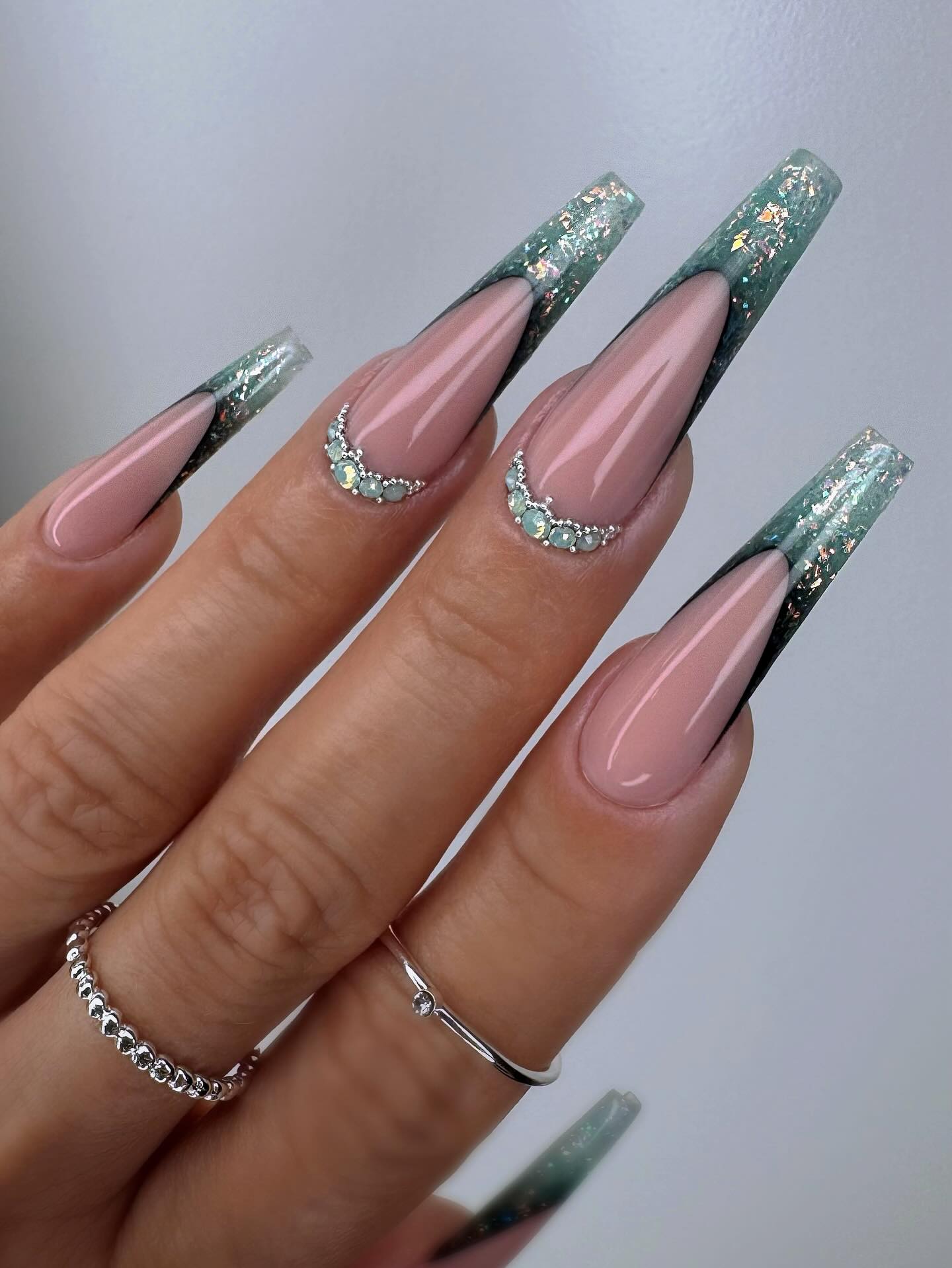 Emerald Foil French Coffin Nails With Rhinestones