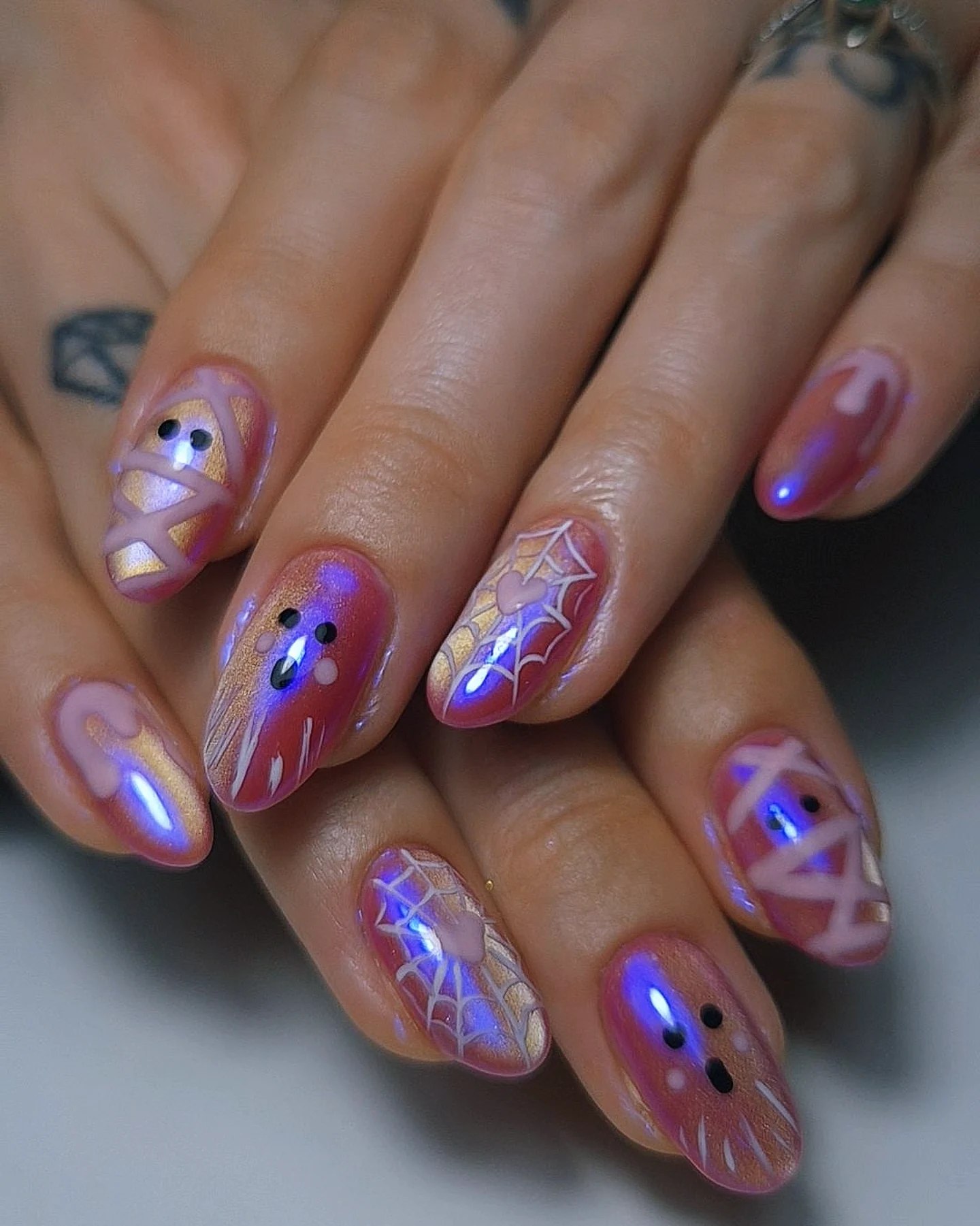 Ethereal Pink Ghost & Spiderweb Halloween Almond Nails