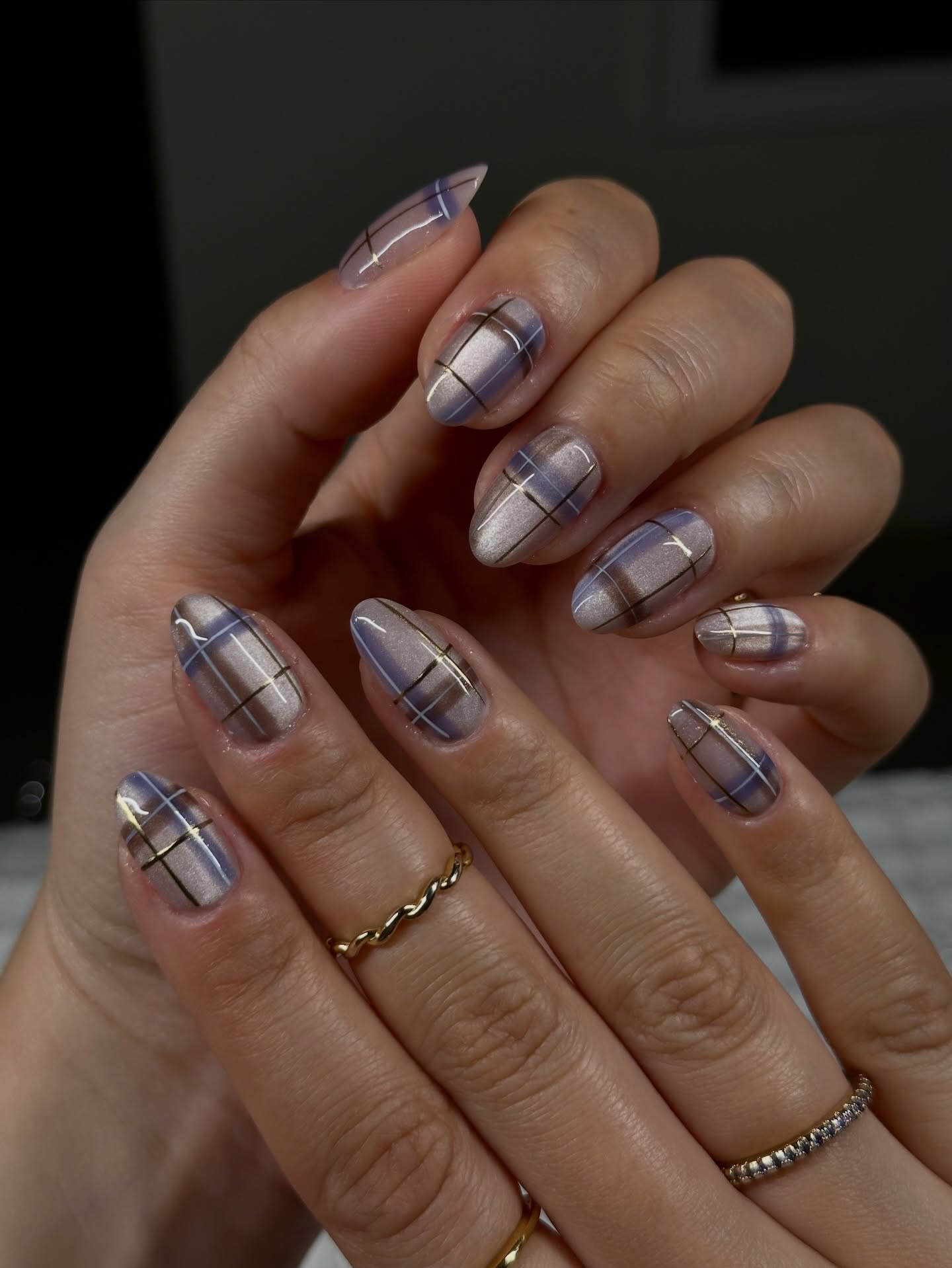 Ethereal Plaid Almond Nails with Gold Accents