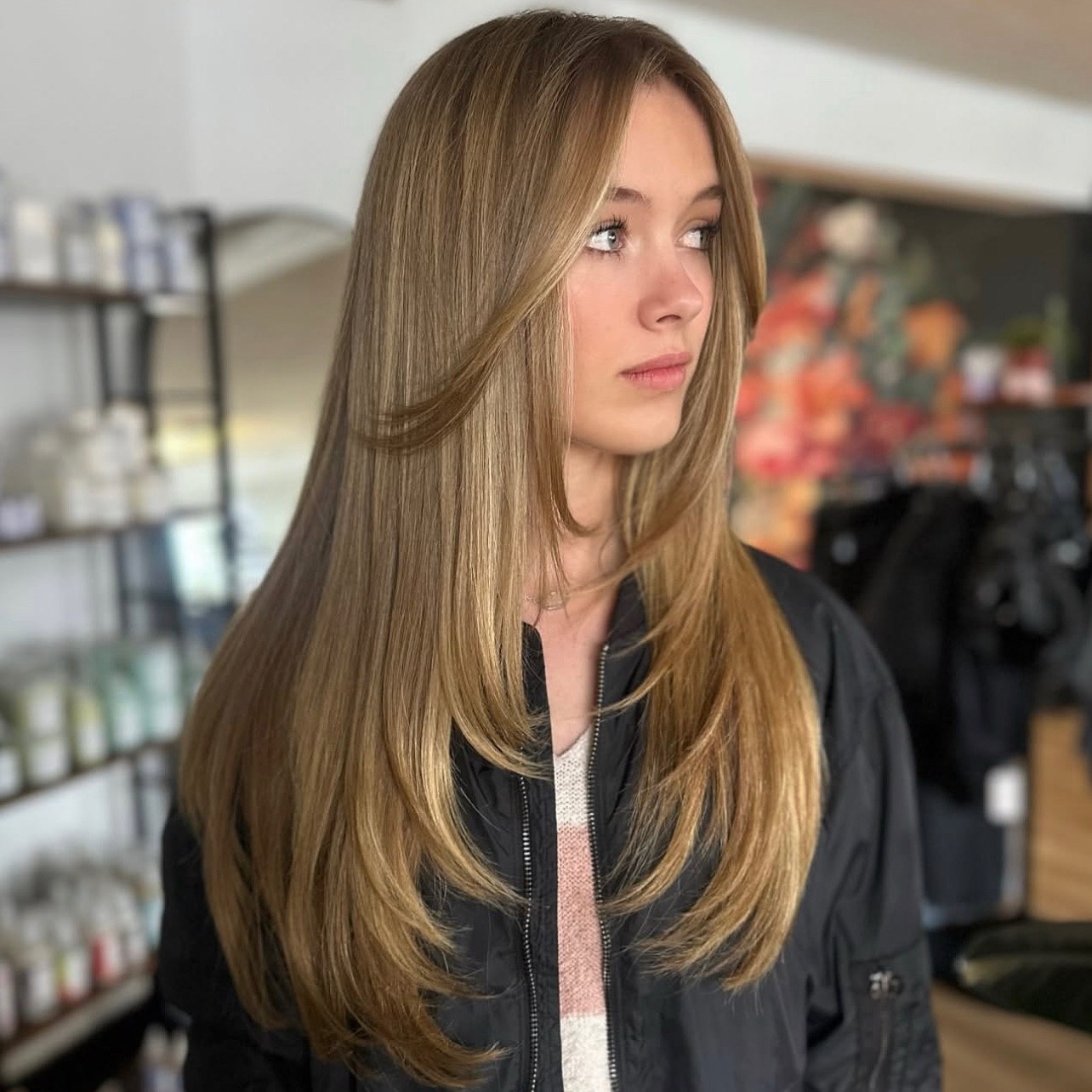 Face Framing Layers On Sleek Honey Brown Hair
