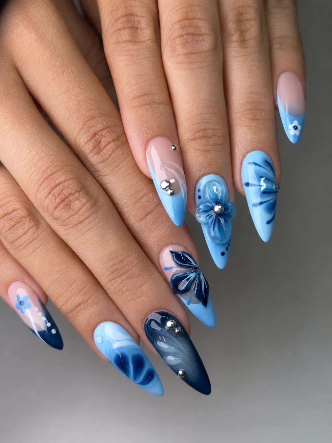 Floral Blue Stiletto Nails With 3D Accents