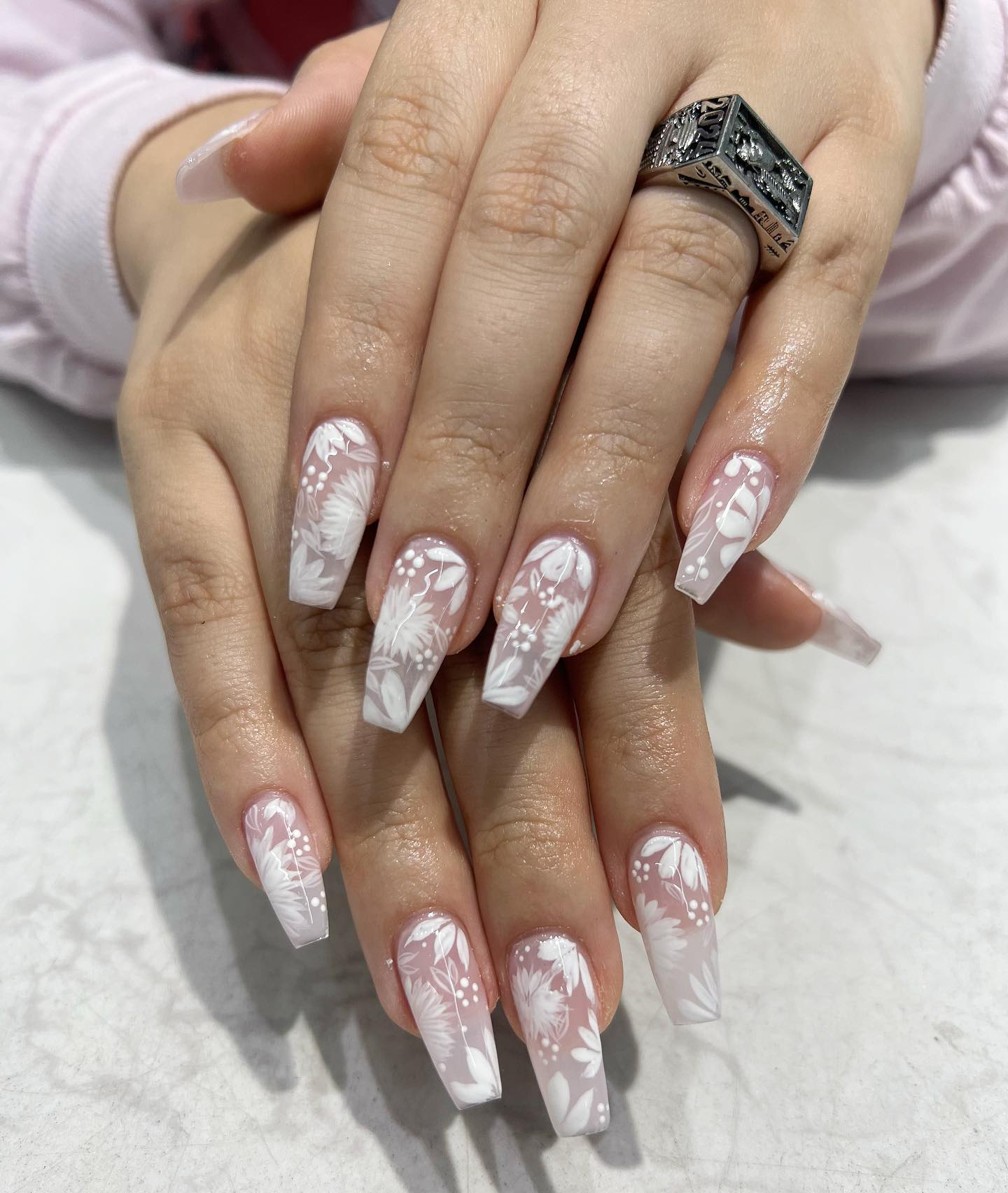 Floral White Botanical Art Coffin Nails