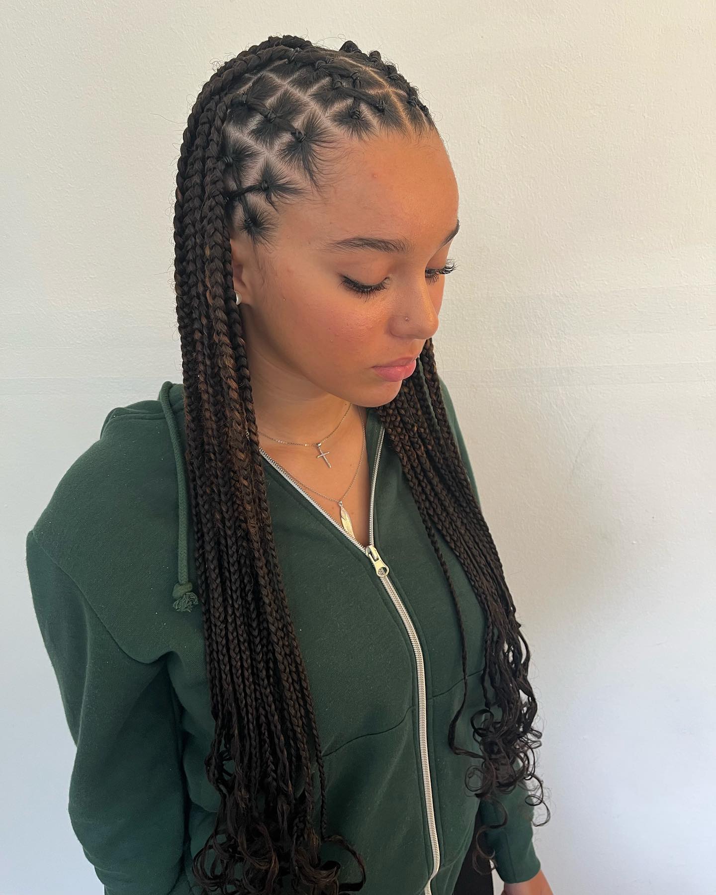 Geometric Parting Box Braids With Curly Ends