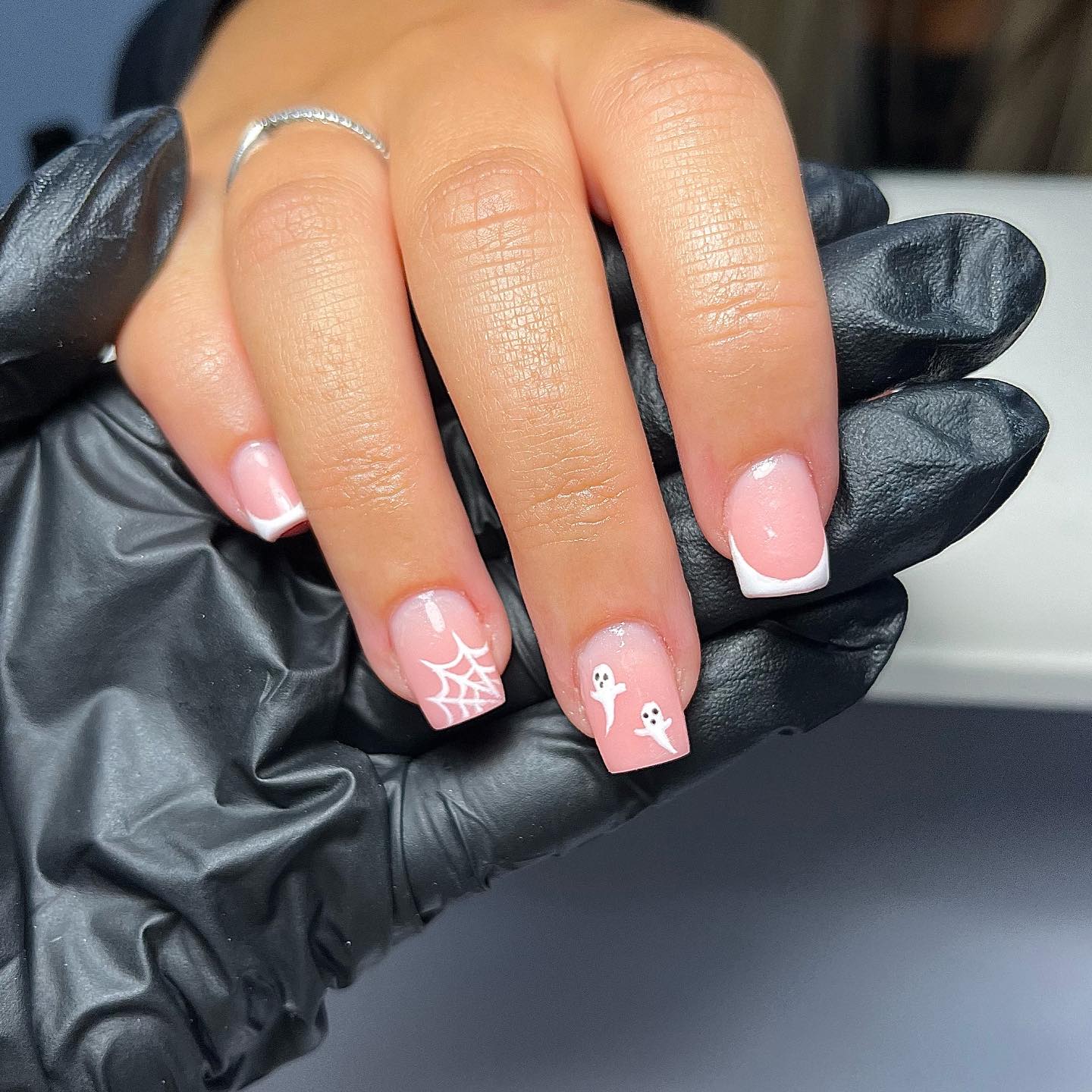 Ghostly Spiderweb Pink French Tip Nails