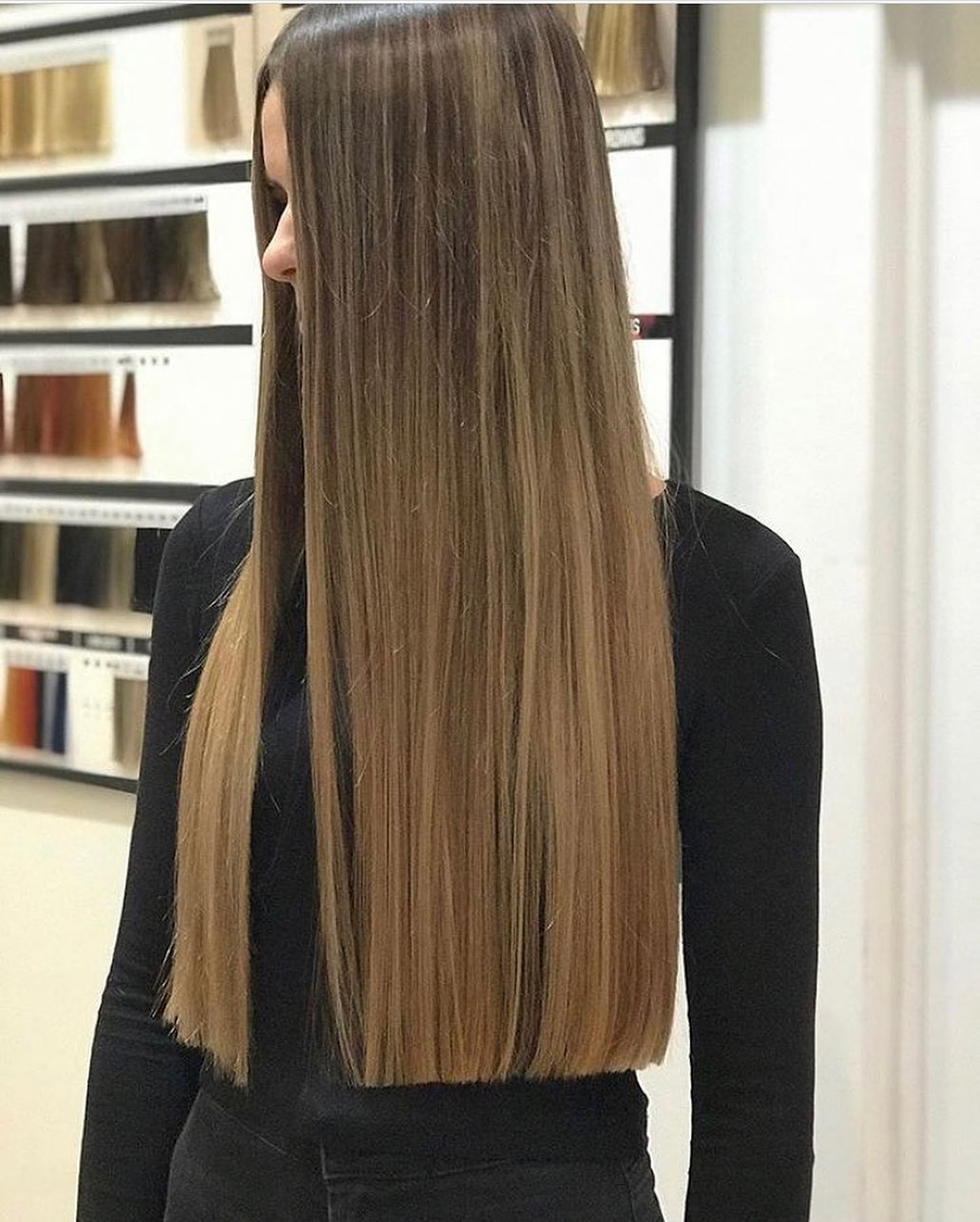 Glass Hair Finish On Blunt Cut Long Brown Hair